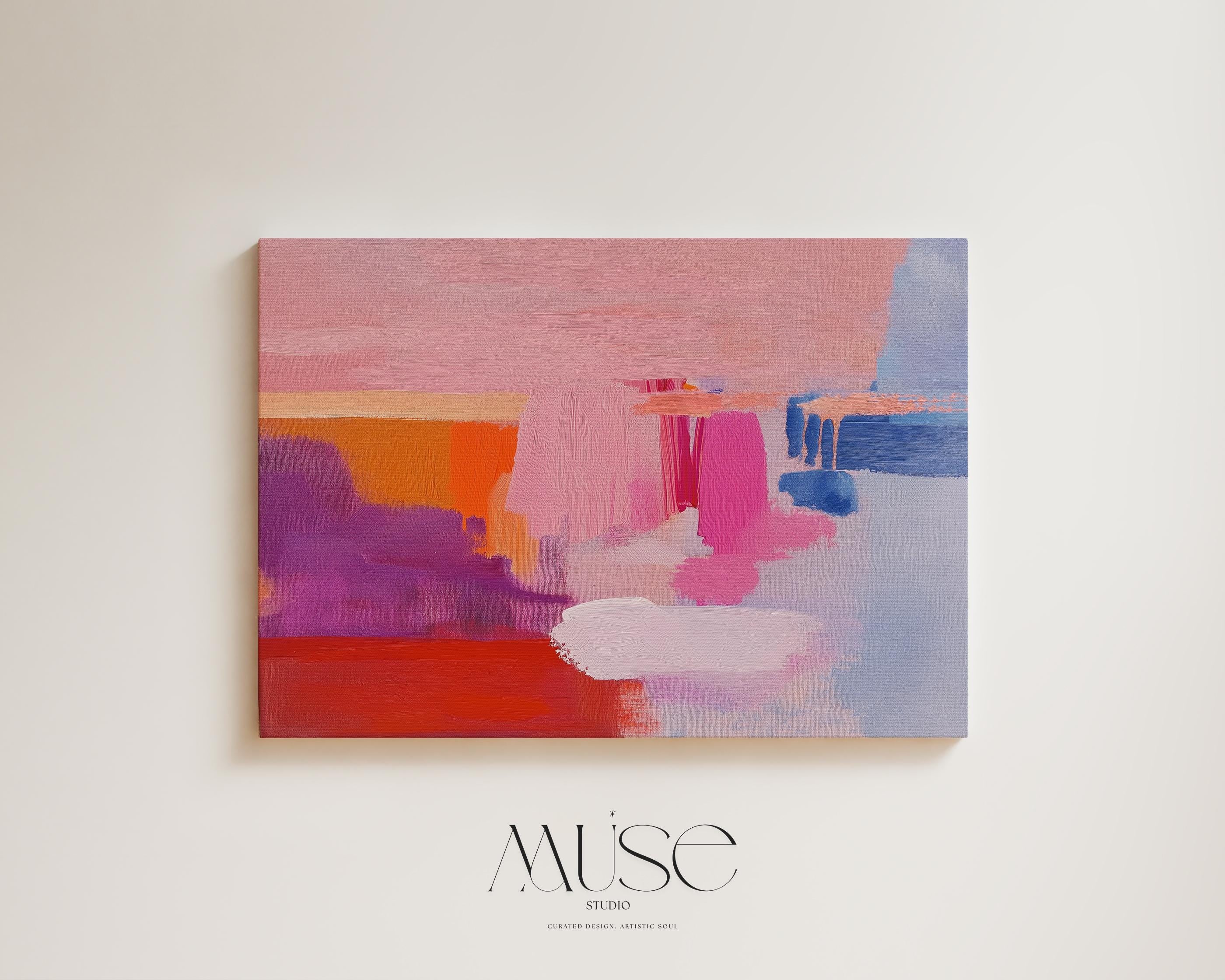 Abstract horizontal canvas artwork in bold pink, red, cobalt, and coral tones with painterly brushstrokes and softened edges. A color-blocked composition that brings vibrant movement to living rooms, bedrooms, eclectic office decor. Available as a fine art poster or canvas wall art for curated, color-forward decor. Perfect for colorful wall art in living rooms, office spaces, and design projects. Giclée canvas print with bold brushwork and vibrant style for home decor. Muse Studio Decor Art.