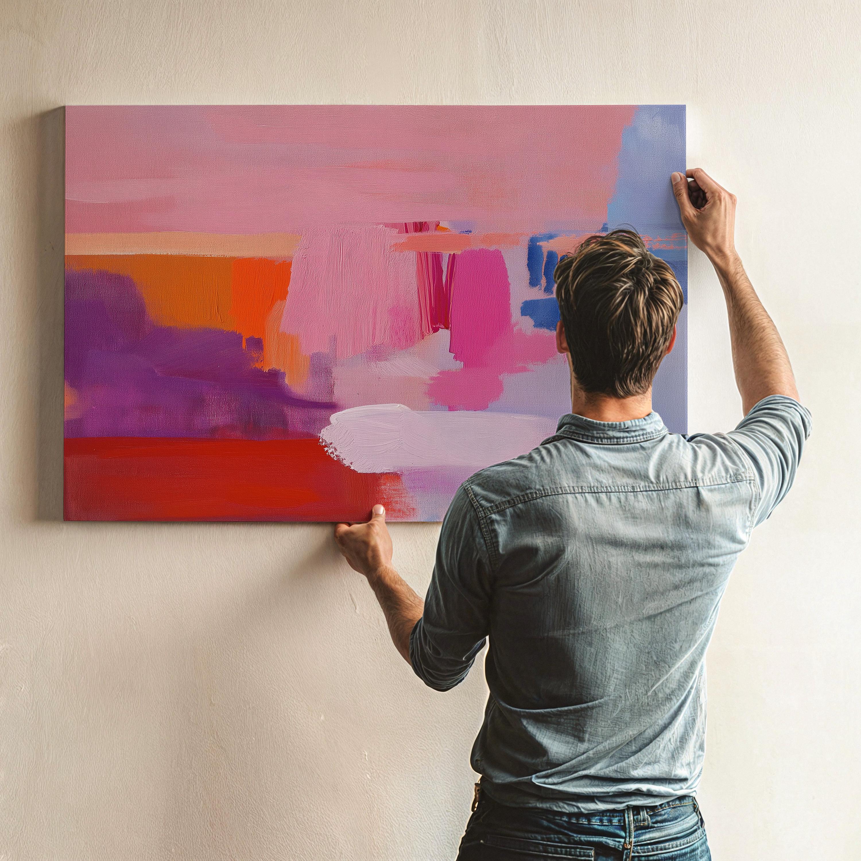 Abstract horizontal canvas artwork in bold pink, red, cobalt, and coral tones with painterly brushstrokes and softened edges. A color-blocked composition that brings vibrant movement to living rooms, bedrooms, eclectic office decor. Available as a fine art poster or canvas wall art for curated, color-forward decor. Perfect for colorful wall art in living rooms, office spaces, and design projects. Giclée canvas print with bold brushwork and vibrant style for home decor. Muse Studio Decor Art.