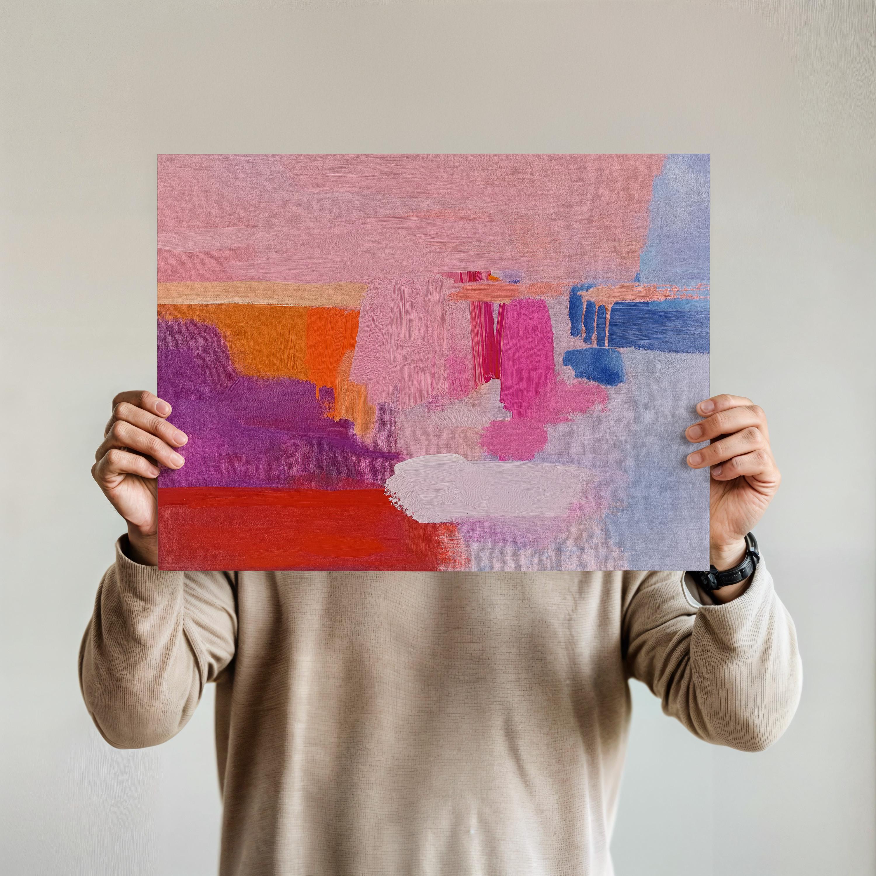 Abstract horizontal canvas artwork in bold pink, red, cobalt, and coral tones with painterly brushstrokes and softened edges. A color-blocked composition that brings vibrant movement to living rooms, bedrooms, eclectic office decor. Available as a fine art poster or canvas wall art for curated, color-forward decor. Perfect for colorful wall art in living rooms, office spaces, and design projects. Giclée canvas print with bold brushwork and vibrant style for home decor. Muse Studio Decor Art.