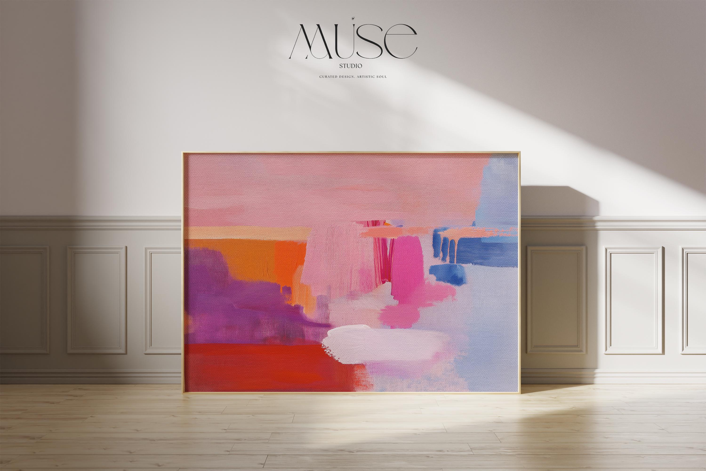 Abstract horizontal canvas artwork in bold pink, red, cobalt, and coral tones with painterly brushstrokes and softened edges. A color-blocked composition that brings vibrant movement to living rooms, bedrooms, eclectic office decor. Available as a fine art poster or canvas wall art for curated, color-forward decor. Perfect for colorful wall art in living rooms, office spaces, and design projects. Giclée canvas print with bold brushwork and vibrant style for home decor. Muse Studio Decor Art.
