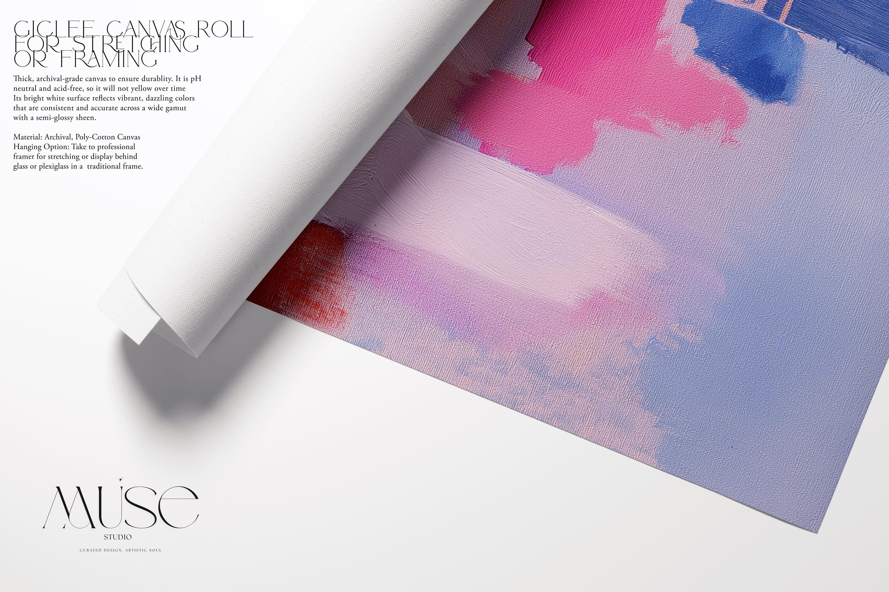 Abstract horizontal canvas artwork in bold pink, red, cobalt, and coral tones with painterly brushstrokes and softened edges. A color-blocked composition that brings vibrant movement to living rooms, bedrooms, eclectic office decor. Available as a fine art poster or canvas wall art for curated, color-forward decor. Perfect for colorful wall art in living rooms, office spaces, and design projects. Giclée canvas print with bold brushwork and vibrant style for home decor. Muse Studio Decor Art.