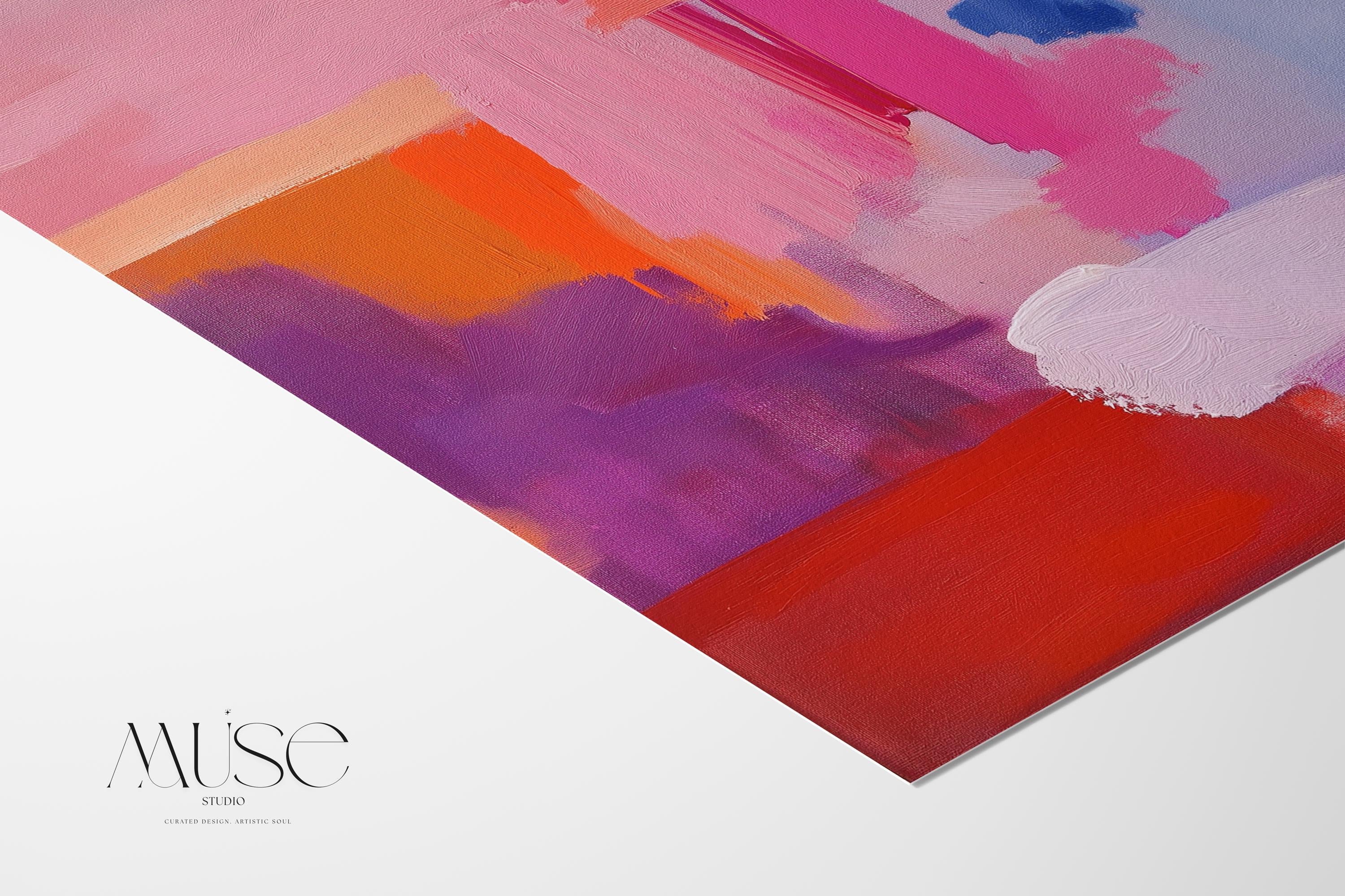 Abstract horizontal canvas artwork in bold pink, red, cobalt, and coral tones with painterly brushstrokes and softened edges. A color-blocked composition that brings vibrant movement to living rooms, bedrooms, eclectic office decor. Available as a fine art poster or canvas wall art for curated, color-forward decor. Perfect for colorful wall art in living rooms, office spaces, and design projects. Giclée canvas print with bold brushwork and vibrant style for home decor. Muse Studio Decor Art.