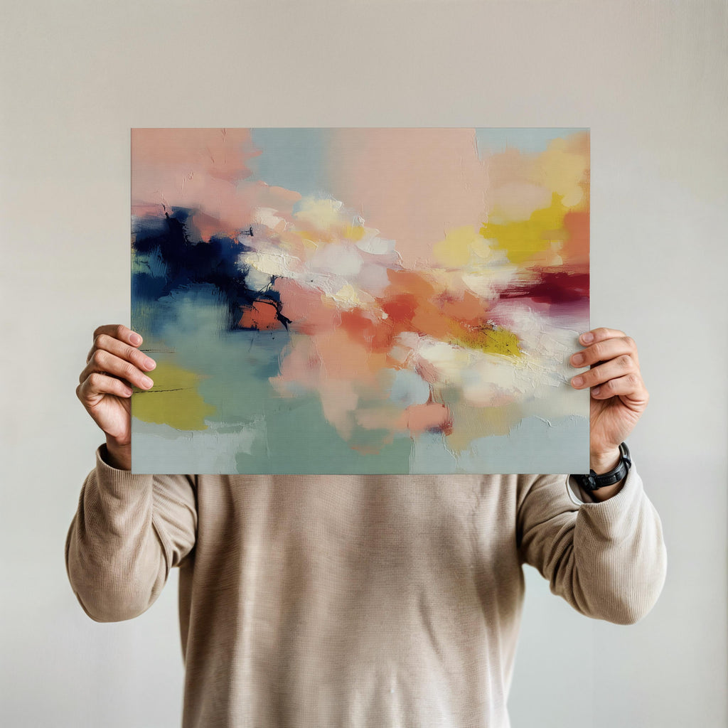 Abstract horizontal wall art in navy, peach, ochre, and soft aqua tones with layered painterly texture. Inspired by natural forms and shifting skies, this design suits transitional, eclectic, or nature-inspired interiors. Available as a fine art poster or canvas wall art for curated, color-forward decor.