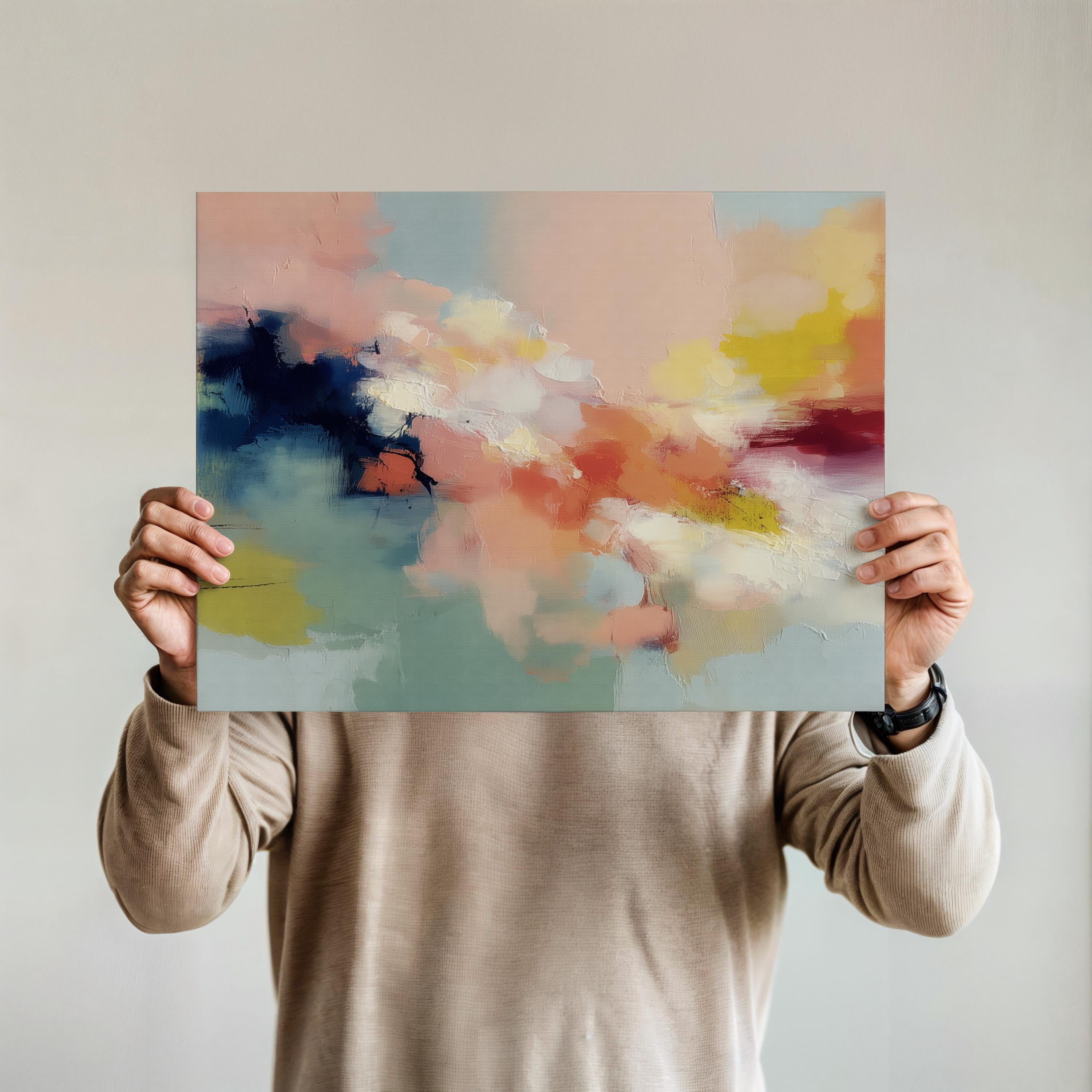 Abstract horizontal wall art in navy, peach, ochre, and soft aqua tones with layered painterly texture. Inspired by natural forms and shifting skies, this design suits transitional, eclectic, or nature-inspired interiors. Available as a fine art poster or canvas wall art for curated, color-forward decor.