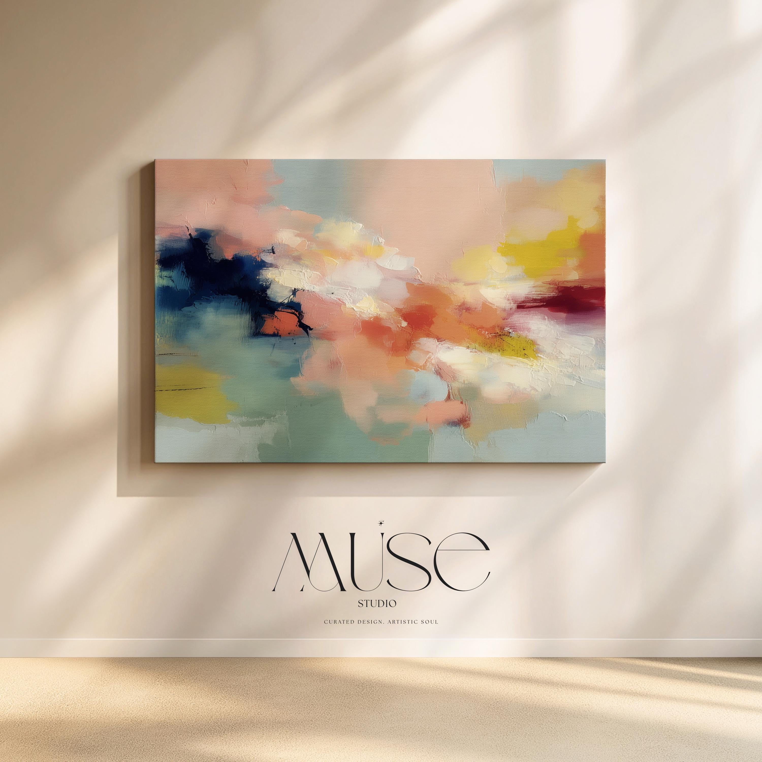 Abstract horizontal wall art in navy, peach, ochre, and soft aqua tones with layered painterly texture. Inspired by natural forms and shifting skies, this design suits transitional, eclectic, or nature-inspired interiors. Available as a fine art poster or canvas wall art for curated, color-forward decor.