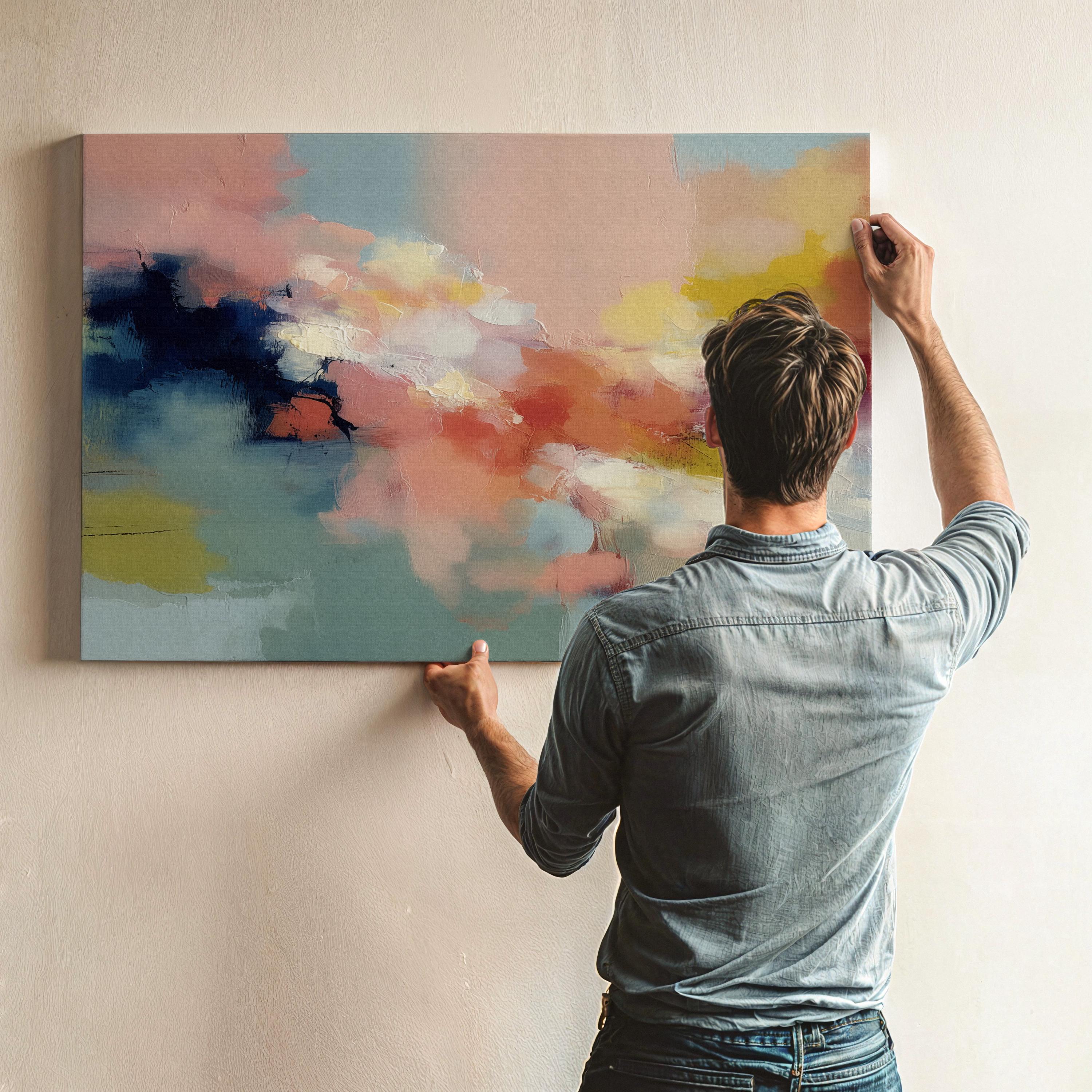 Abstract horizontal wall art in navy, peach, ochre, and soft aqua tones with layered painterly texture. Inspired by natural forms and shifting skies, this design suits transitional, eclectic, or nature-inspired interiors. Available as a fine art poster or canvas wall art for curated, color-forward decor.