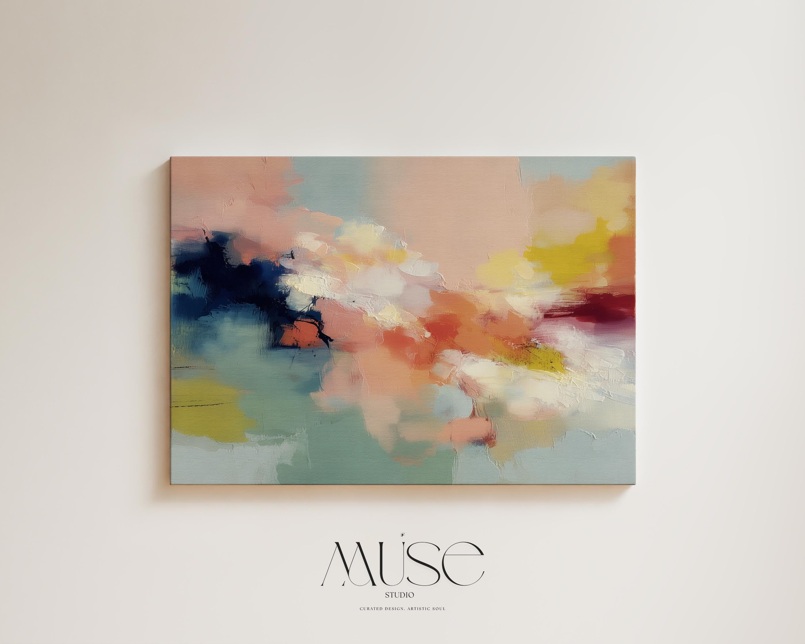 Abstract horizontal wall art in navy, peach, ochre, and soft aqua tones with layered painterly texture. Inspired by natural forms and shifting skies, this design suits transitional, eclectic, or nature-inspired interiors. Available as a fine art poster or canvas wall art for curated, color-forward decor.