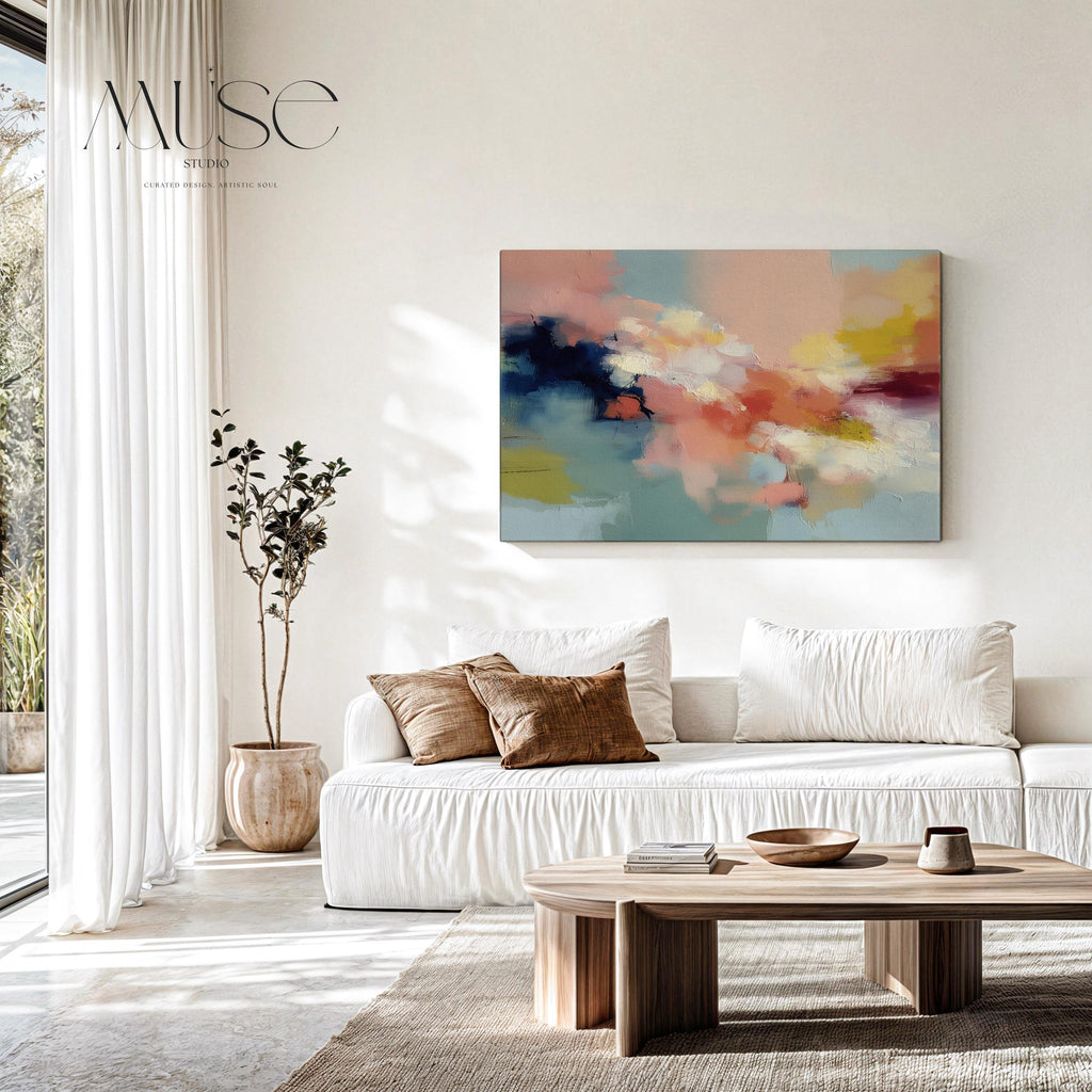 Abstract horizontal wall art in navy, peach, ochre, and soft aqua tones with layered painterly texture. Inspired by natural forms and shifting skies, this design suits transitional, eclectic, or nature-inspired interiors. Available as a fine art poster or canvas wall art for curated, color-forward decor.