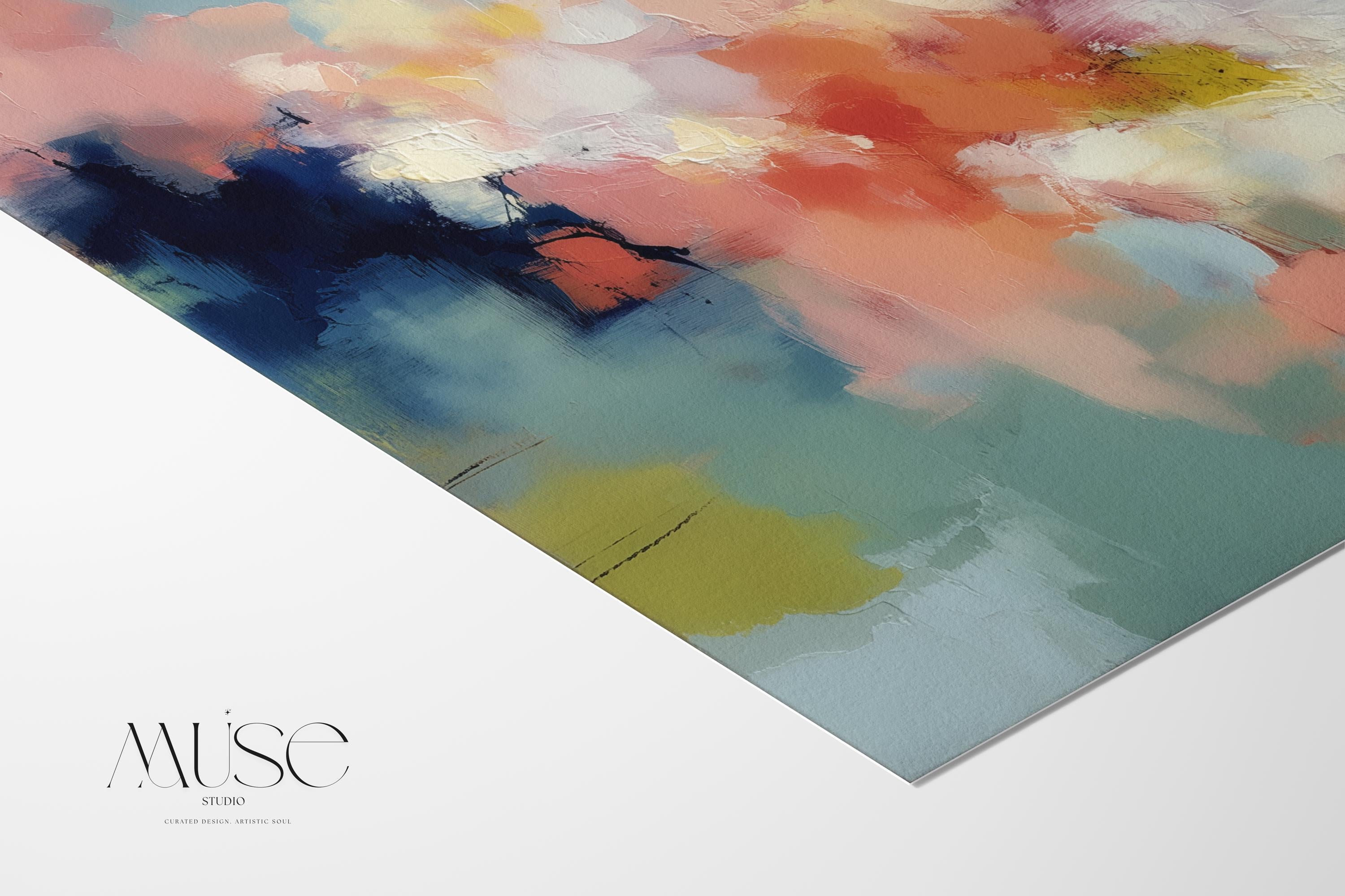 Abstract horizontal wall art in navy, peach, ochre, and soft aqua tones with layered painterly texture. Inspired by natural forms and shifting skies, this design suits transitional, eclectic, or nature-inspired interiors. Available as a fine art poster or canvas wall art for curated, color-forward decor.