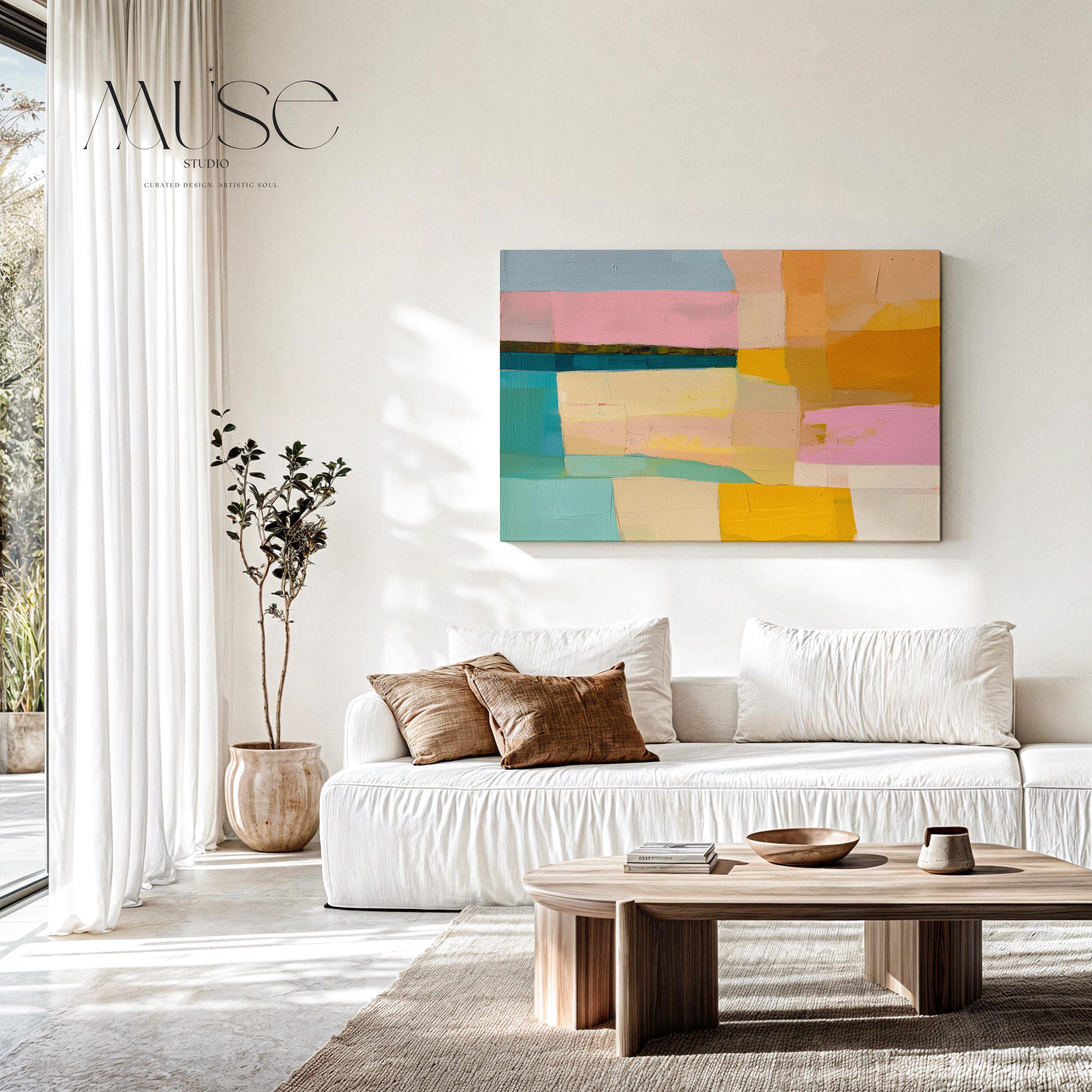 Horizontal abstract artwork featuring retro geometric color blocks in mustard yellow, teal, blush, and blue. A playful, mid-century inspired palette ideal for eclectic kitchens, modern hallways, or bold gallery walls. Available as a fine art poster or canvas wall art for curated, color-forward decor.