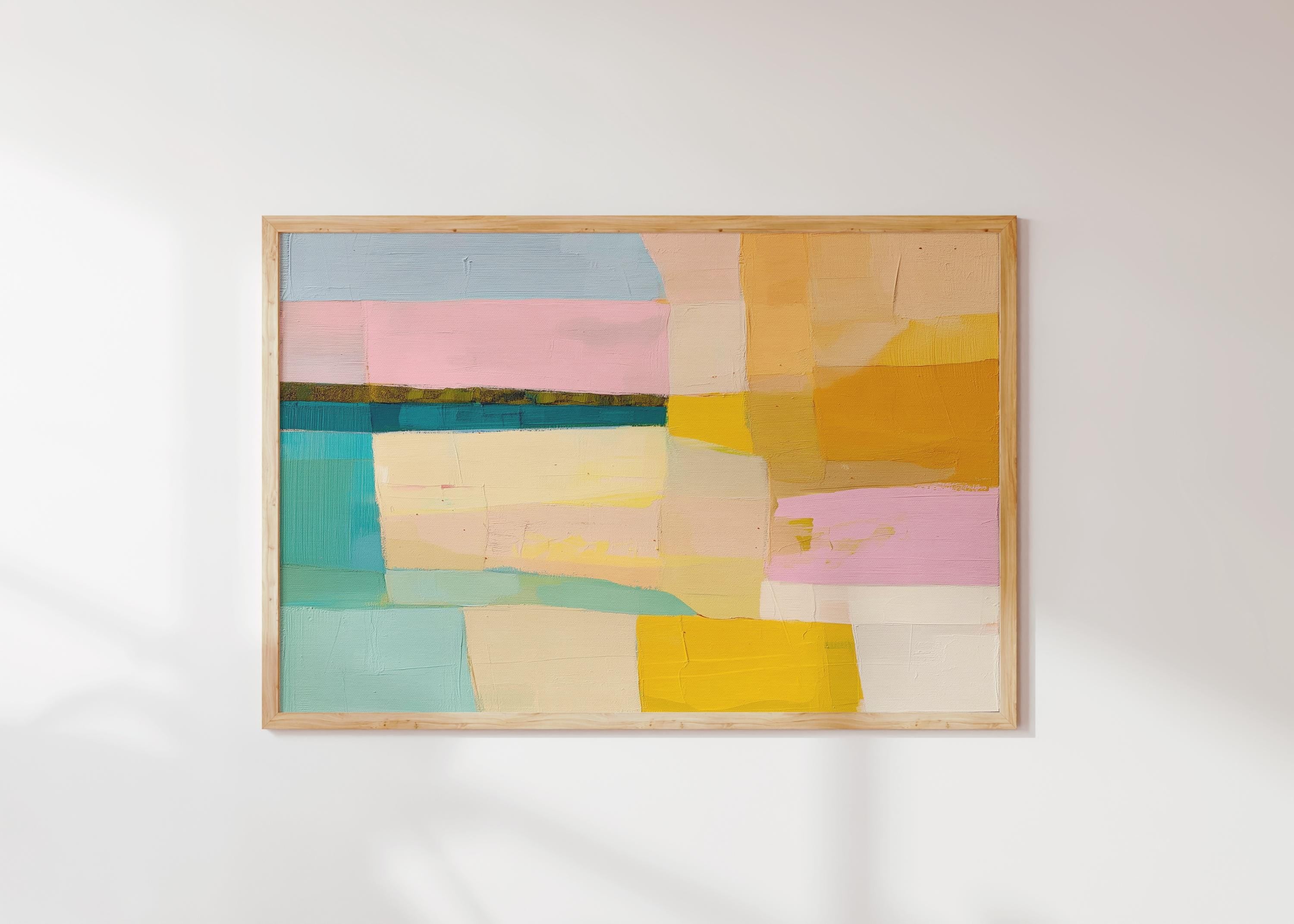 Horizontal abstract artwork featuring retro geometric color blocks in mustard yellow, teal, blush, and blue. A playful, mid-century inspired palette ideal for eclectic kitchens, modern hallways, or bold gallery walls. Available as a fine art poster or canvas wall art for curated, color-forward decor.