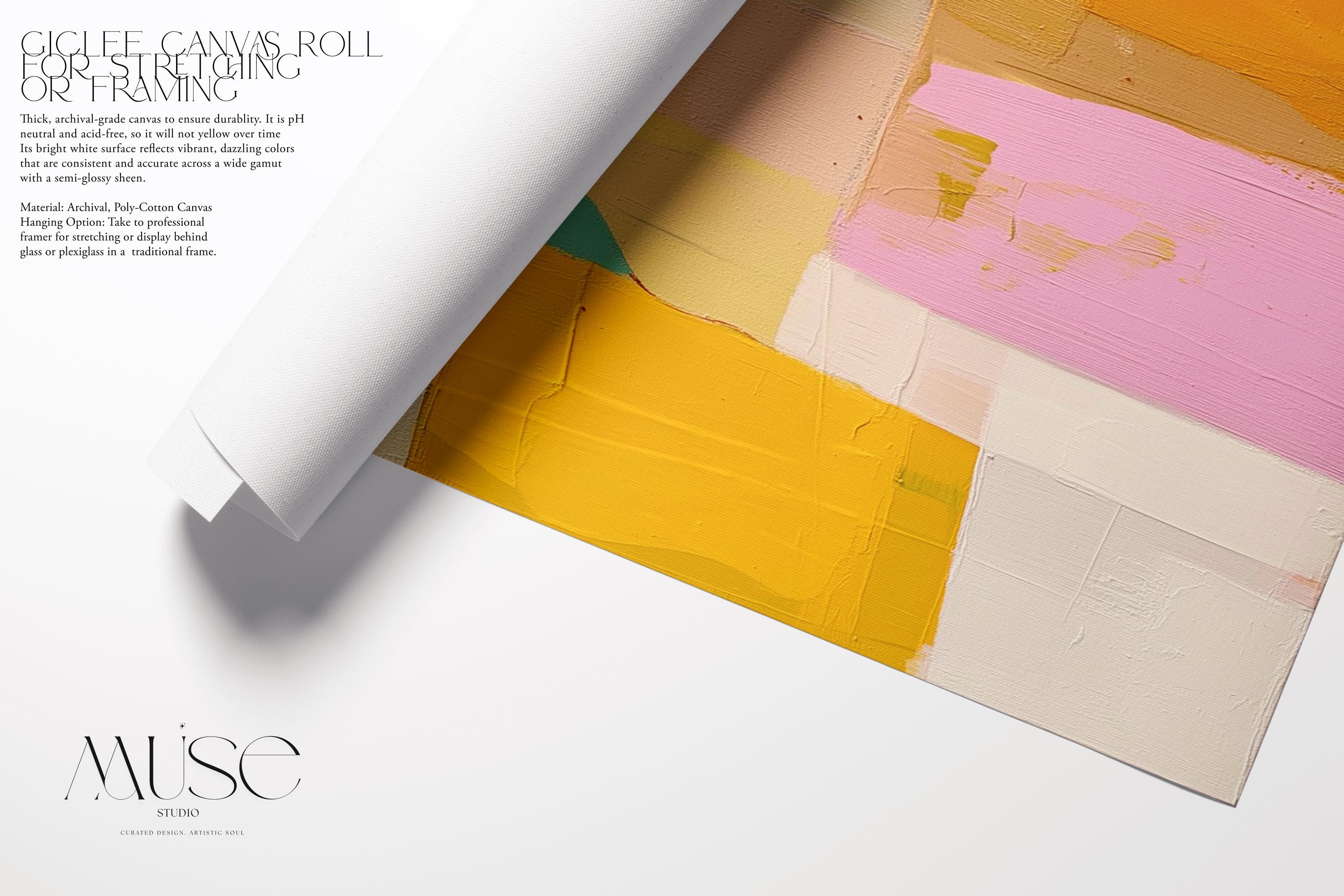Horizontal abstract artwork featuring retro geometric color blocks in mustard yellow, teal, blush, and blue. A playful, mid-century inspired palette ideal for eclectic kitchens, modern hallways, or bold gallery walls. Available as a fine art poster or canvas wall art for curated, color-forward decor.