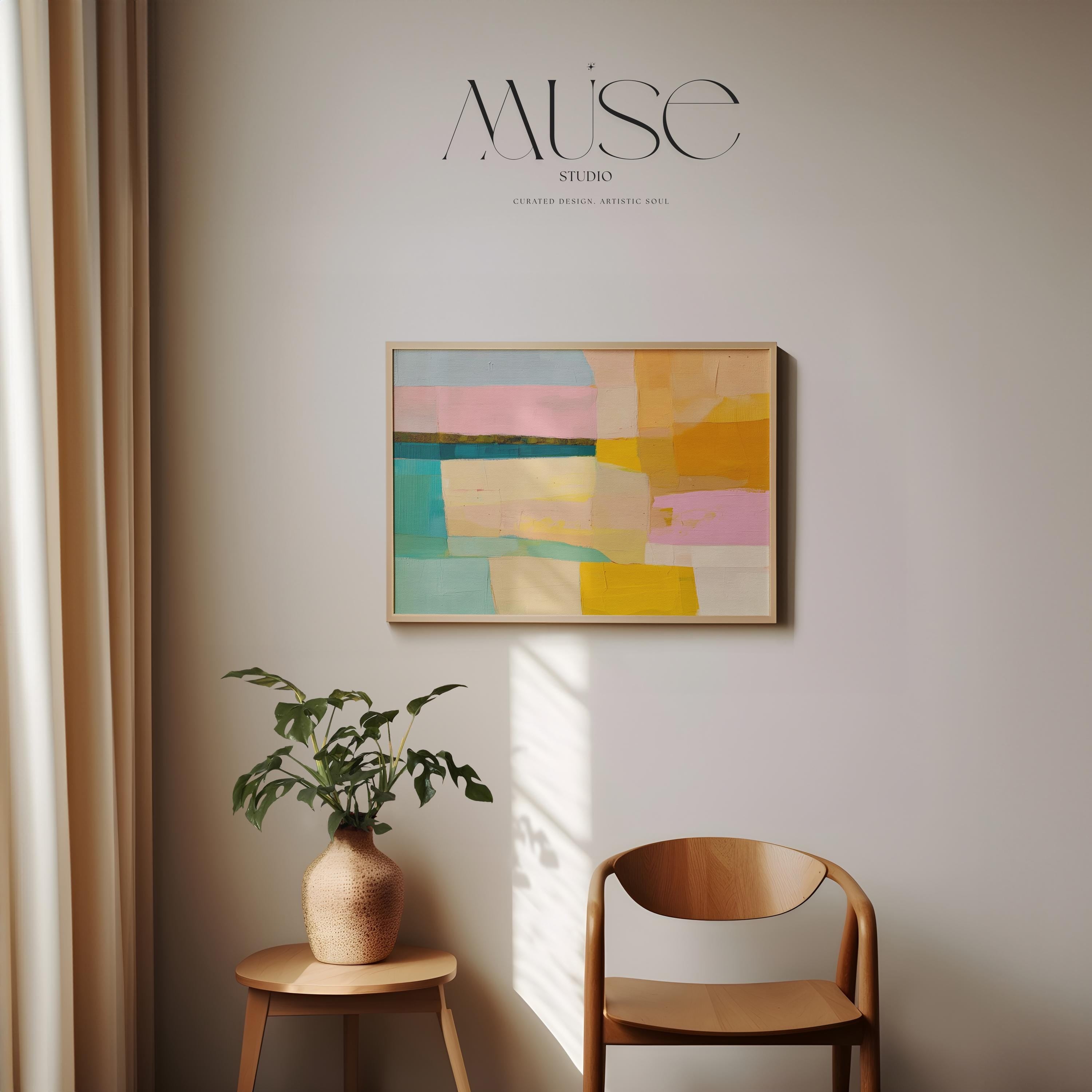 Horizontal abstract artwork featuring retro geometric color blocks in mustard yellow, teal, blush, and blue. A playful, mid-century inspired palette ideal for eclectic kitchens, modern hallways, or bold gallery walls. Available as a fine art poster or canvas wall art for curated, color-forward decor.