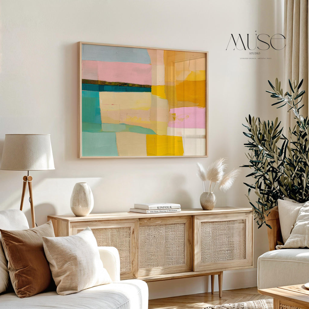 Horizontal abstract artwork featuring retro geometric color blocks in mustard yellow, teal, blush, and blue. A playful, mid-century inspired palette ideal for eclectic kitchens, modern hallways, or bold gallery walls. Available as a fine art poster or canvas wall art for curated, color-forward decor.