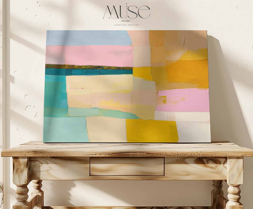 Horizontal abstract artwork featuring retro geometric color blocks in mustard yellow, teal, blush, and blue. A playful, mid-century inspired palette ideal for eclectic kitchens, modern hallways, or bold gallery walls. Available as a fine art poster or canvas wall art for curated, color-forward decor.