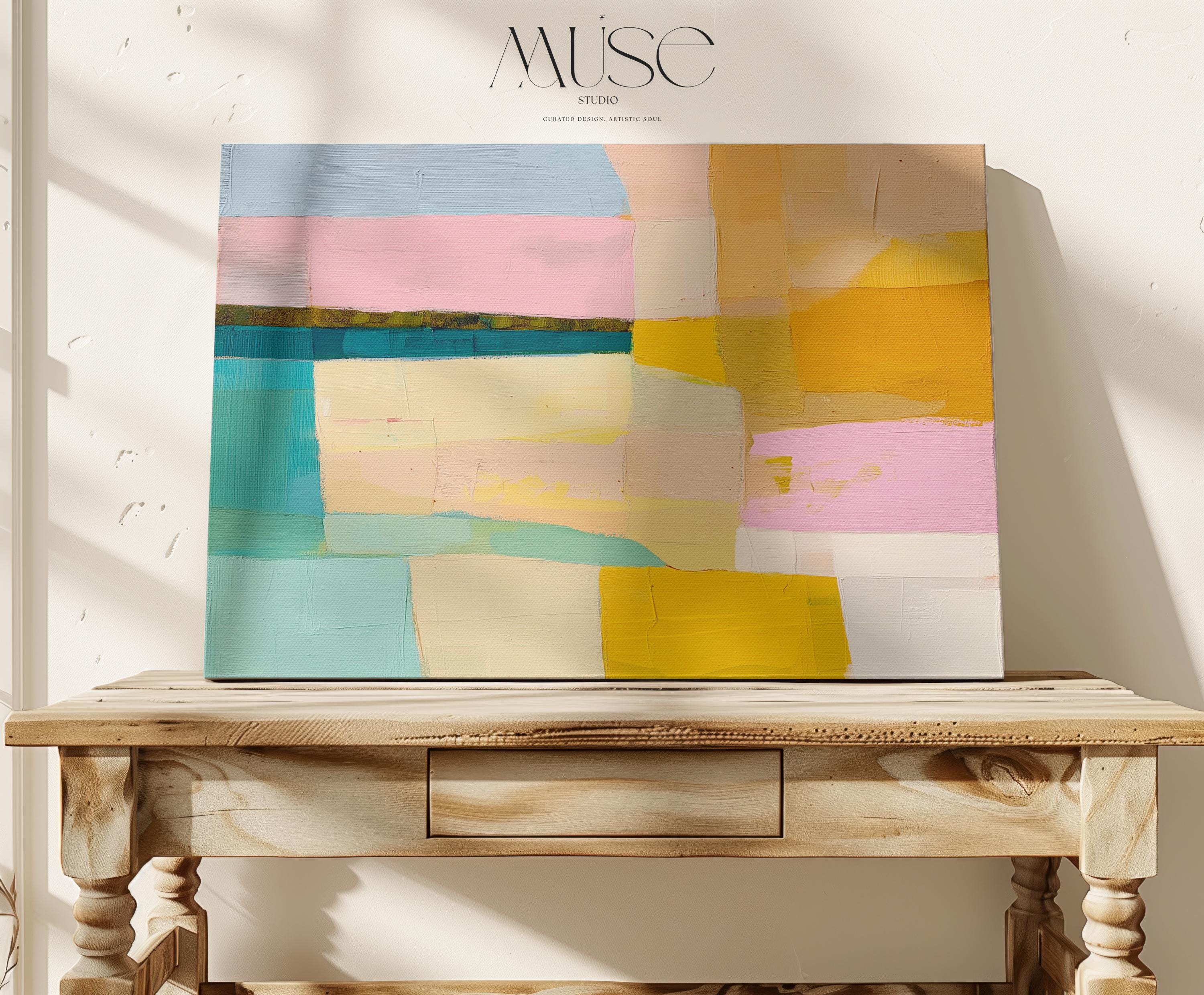Horizontal abstract artwork featuring retro geometric color blocks in mustard yellow, teal, blush, and blue. A playful, mid-century inspired palette ideal for eclectic kitchens, modern hallways, or bold gallery walls. Available as a fine art poster or canvas wall art for curated, color-forward decor.
