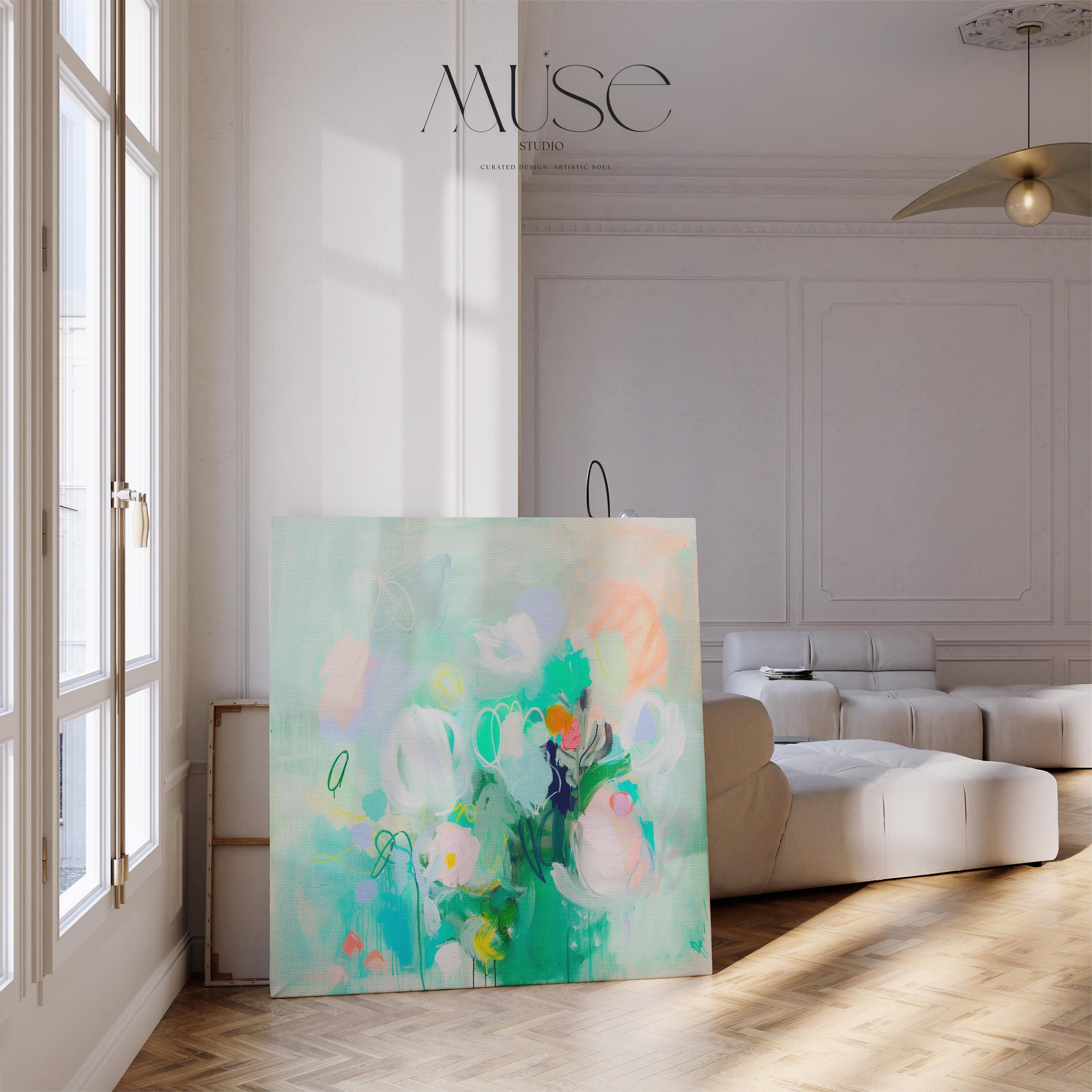 Large horizontal abstract floral wall art by Muse Studio in mint green and blush with lilac and peach accents, printed with museum-grade giclée inks on premium gallery-wrapped artist canvas, styled in a soft pastel nursery.