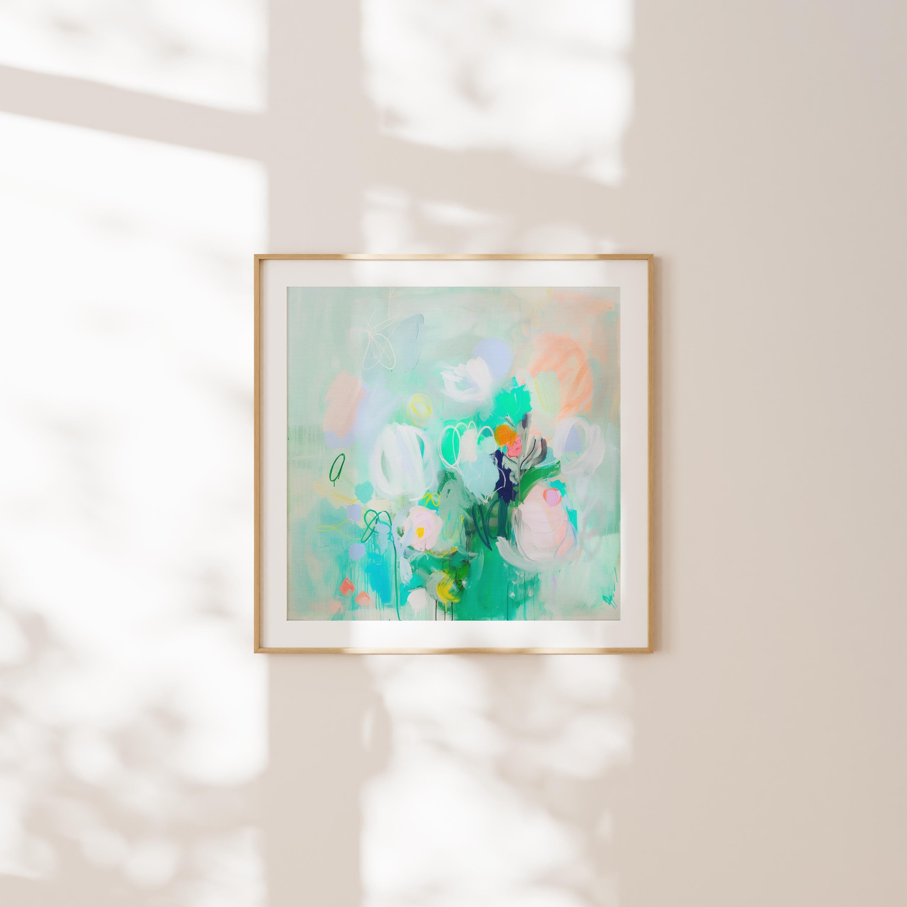 Large horizontal abstract floral wall art by Muse Studio in mint green and blush with lilac and peach accents, printed with museum-grade giclée inks on premium gallery-wrapped artist canvas, styled in a soft pastel nursery.