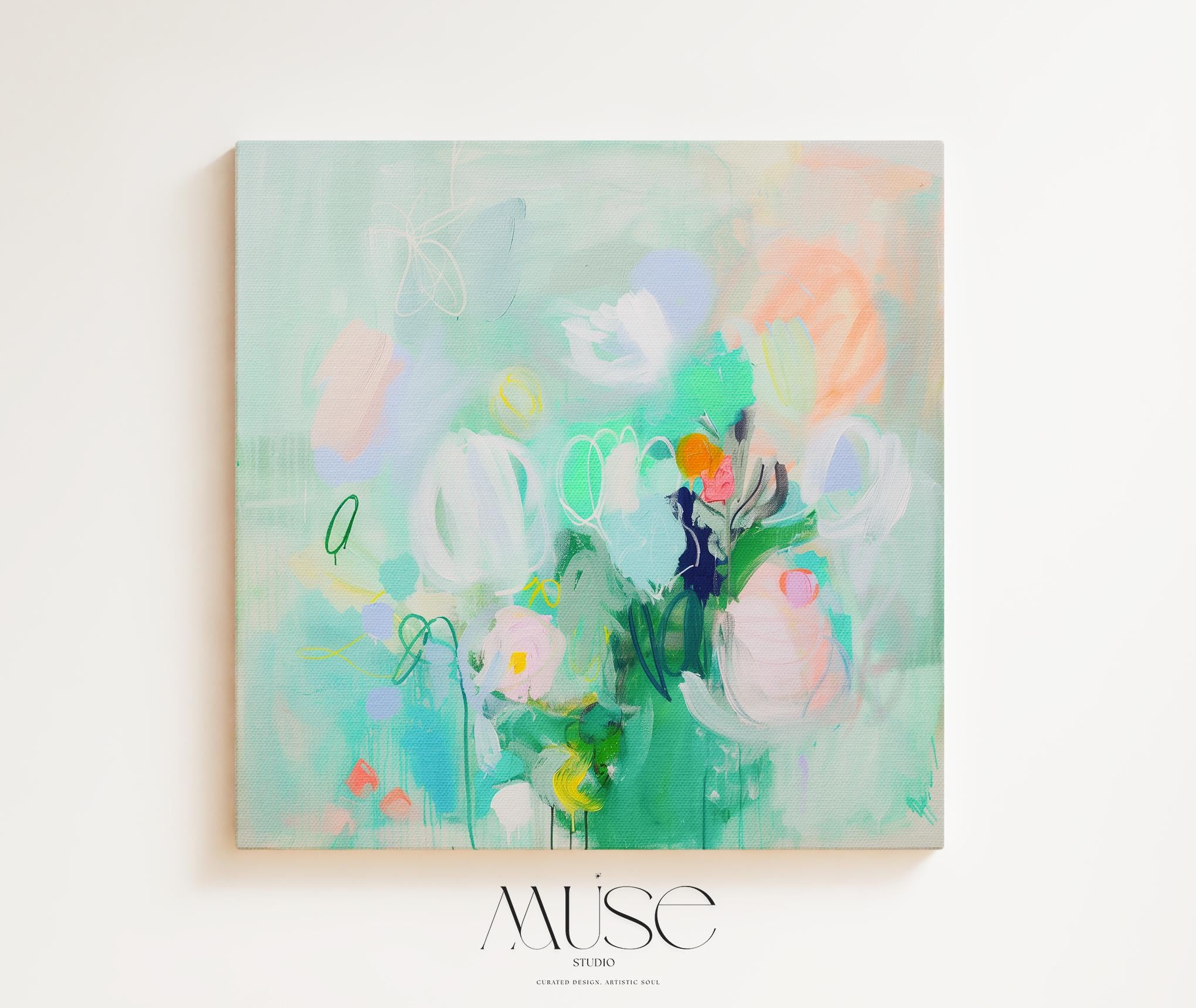 Large horizontal abstract floral wall art by Muse Studio in mint green and blush with lilac and peach accents, printed with museum-grade giclée inks on premium gallery-wrapped artist canvas, styled in a soft pastel nursery.