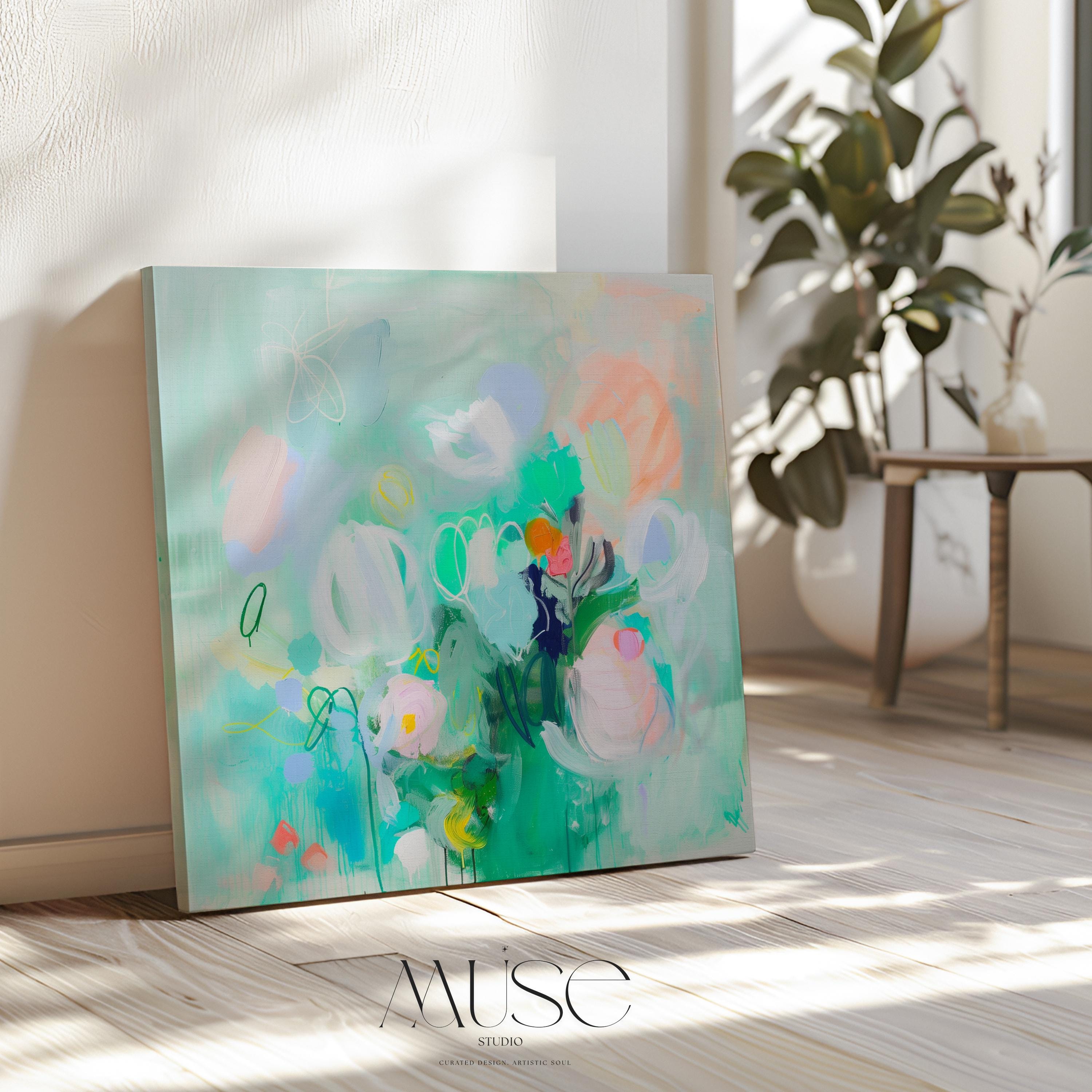 Large horizontal abstract floral wall art by Muse Studio in mint green and blush with lilac and peach accents, printed with museum-grade giclée inks on premium gallery-wrapped artist canvas, styled in a soft pastel nursery.