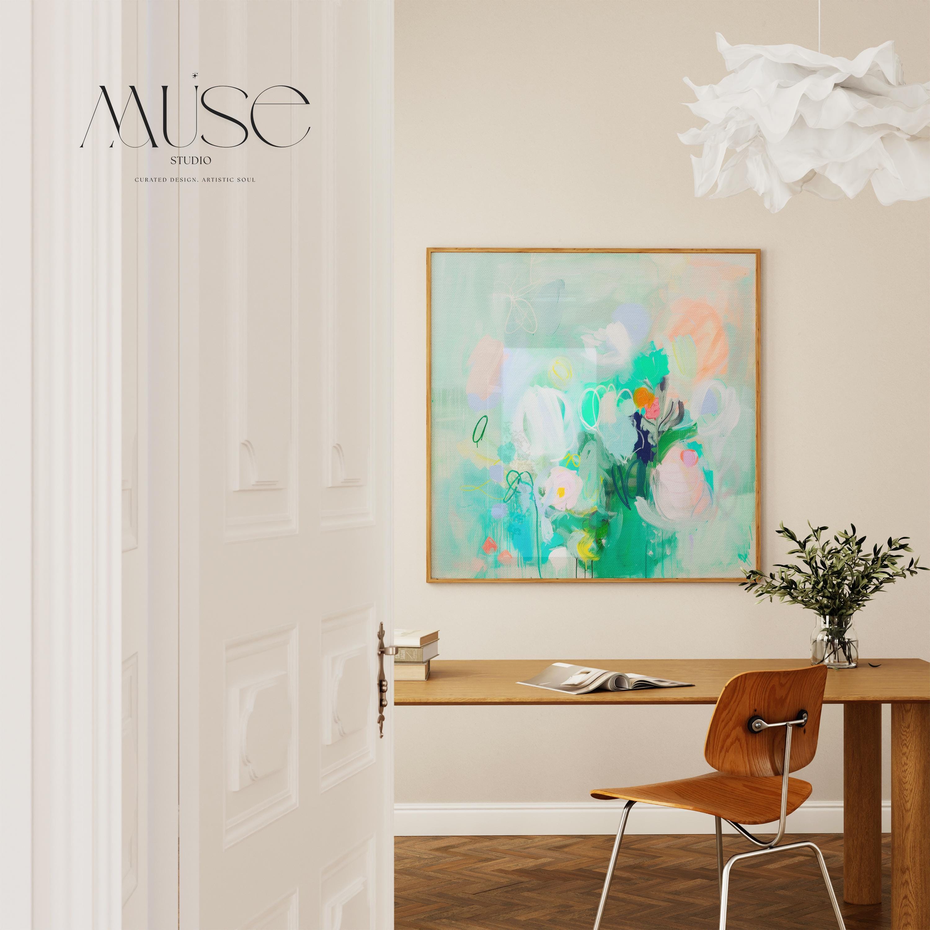 Soft floral abstract painting in mint green, blush, lavender, and citrus accents. Gentle brushstrokes suggest botanical shapes in a dreamy layout, ideal for nursery walls, feminine bedrooms, or pastel contemporary interiors. Available as a fine art poster or canvas wall art for curated, color-forward decor.