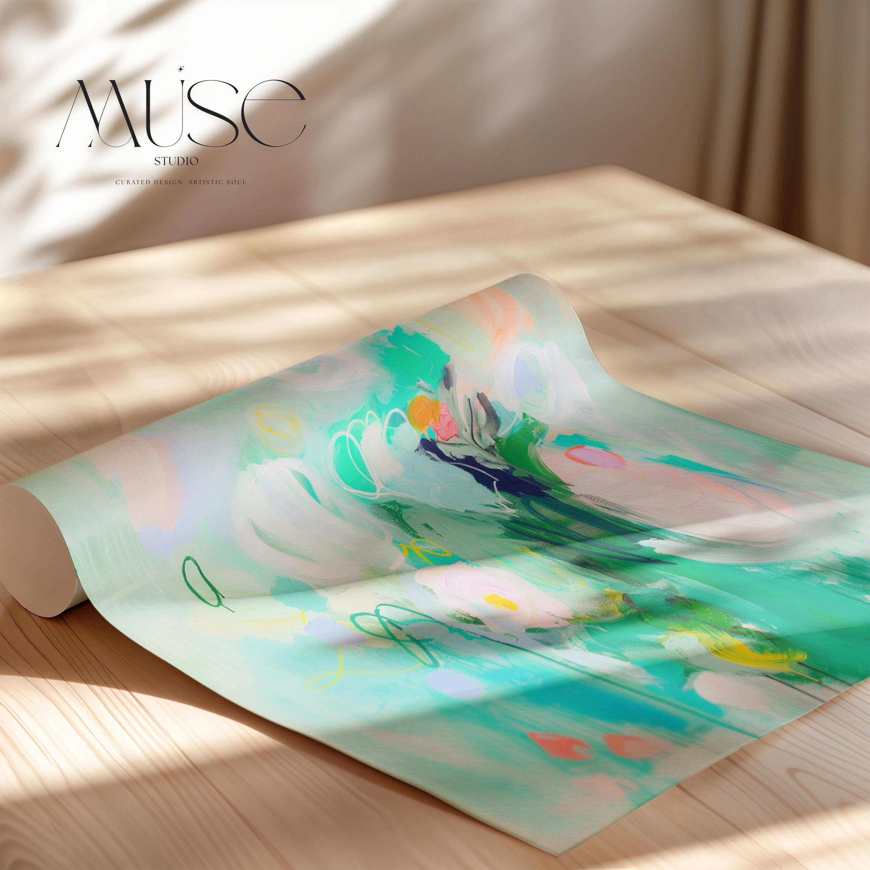 Soft floral abstract painting in mint green, blush, lavender, and citrus accents. Gentle brushstrokes suggest botanical shapes in a dreamy layout, ideal for nursery walls, feminine bedrooms, or pastel contemporary interiors. Available as a fine art poster or canvas wall art for curated, color-forward decor.