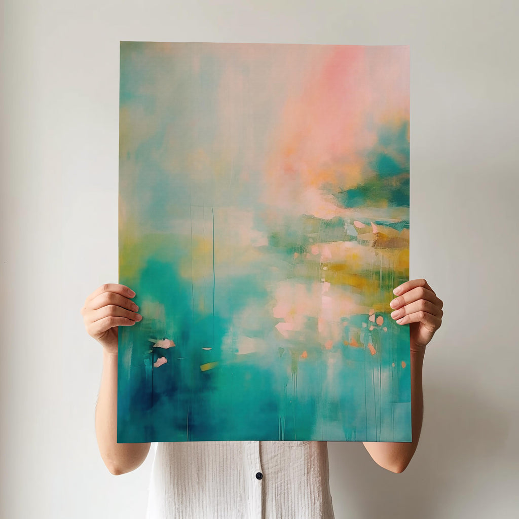 Vertical abstract artwork in teal, blush peach, and soft golden tones with flowing texture and atmospheric mood. Ideal for bedrooms, spa-inspired bathrooms, or serene modern offices. Available as a fine art poster or canvas wall art for curated, color-forward decor.