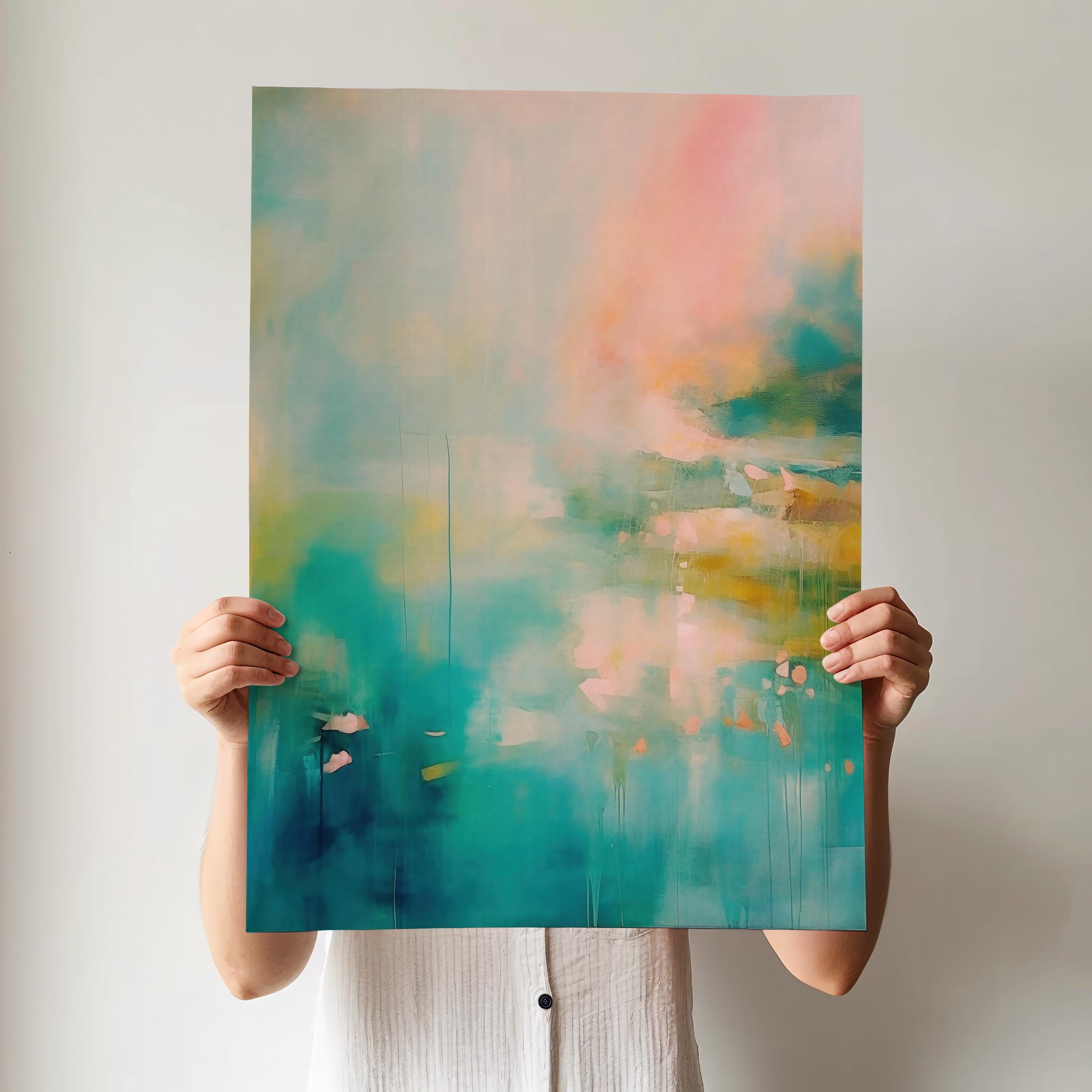 Vertical abstract artwork in teal, blush peach, and soft golden tones with flowing texture and atmospheric mood. Ideal for bedrooms, spa-inspired bathrooms, or serene modern offices. Available as a fine art poster or canvas wall art for curated, color-forward decor.