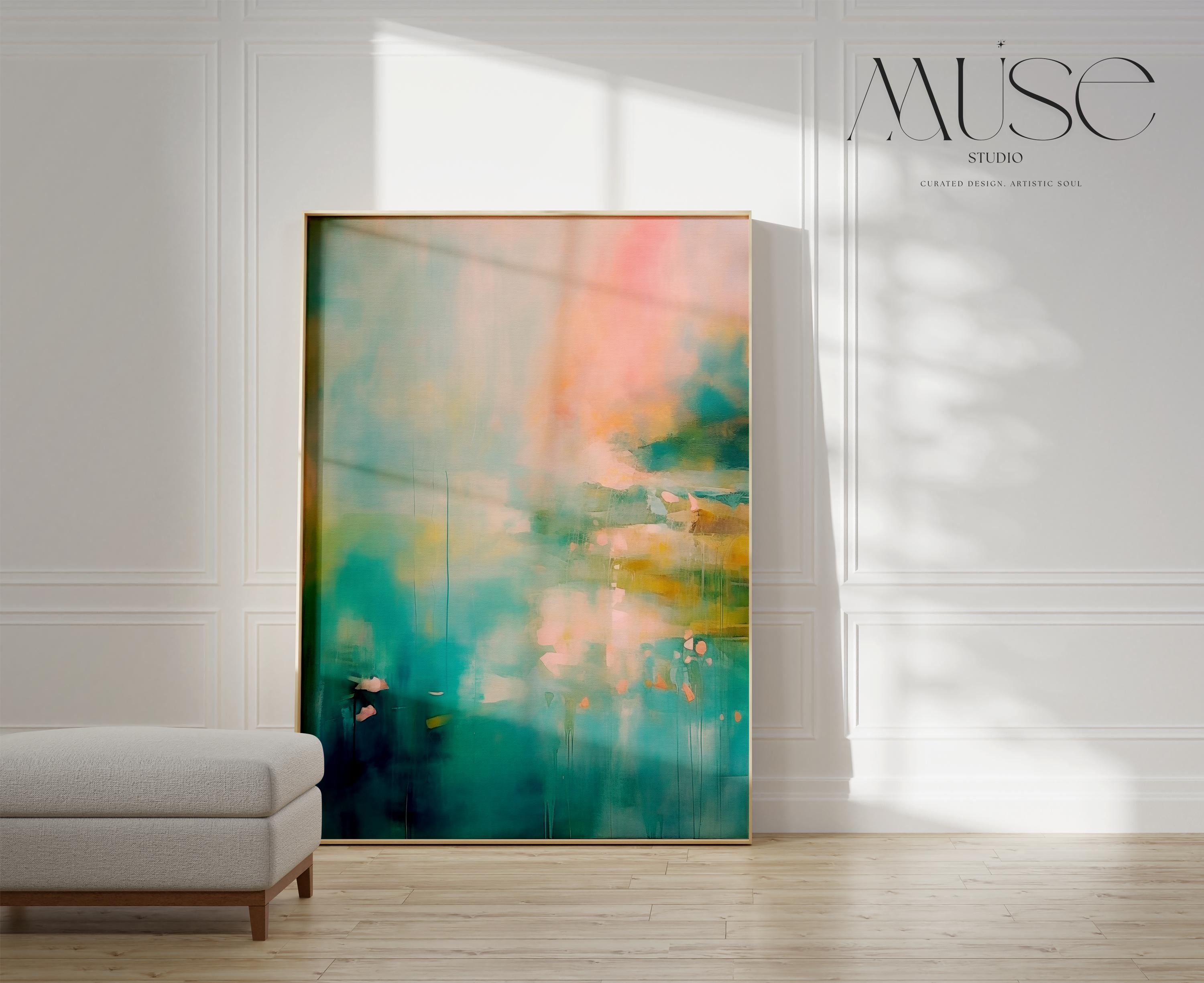 Vertical abstract artwork in teal, blush peach, and soft golden tones with flowing texture and atmospheric mood. Ideal for bedrooms, spa-inspired bathrooms, or serene modern offices. Available as a fine art poster or canvas wall art for curated, color-forward decor.