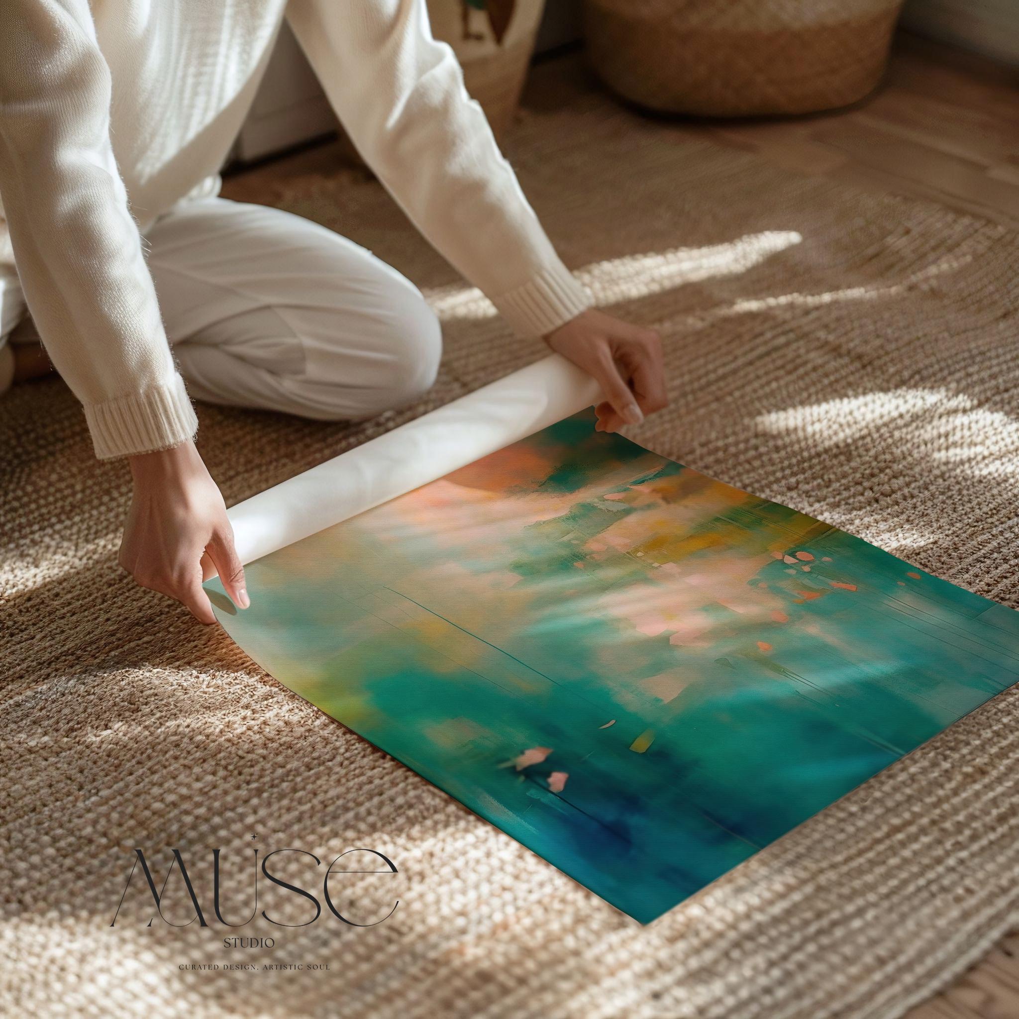 Vertical abstract artwork in teal, blush peach, and soft golden tones with flowing texture and atmospheric mood. Ideal for bedrooms, spa-inspired bathrooms, or serene modern offices. Available as a fine art poster or canvas wall art for curated, color-forward decor.