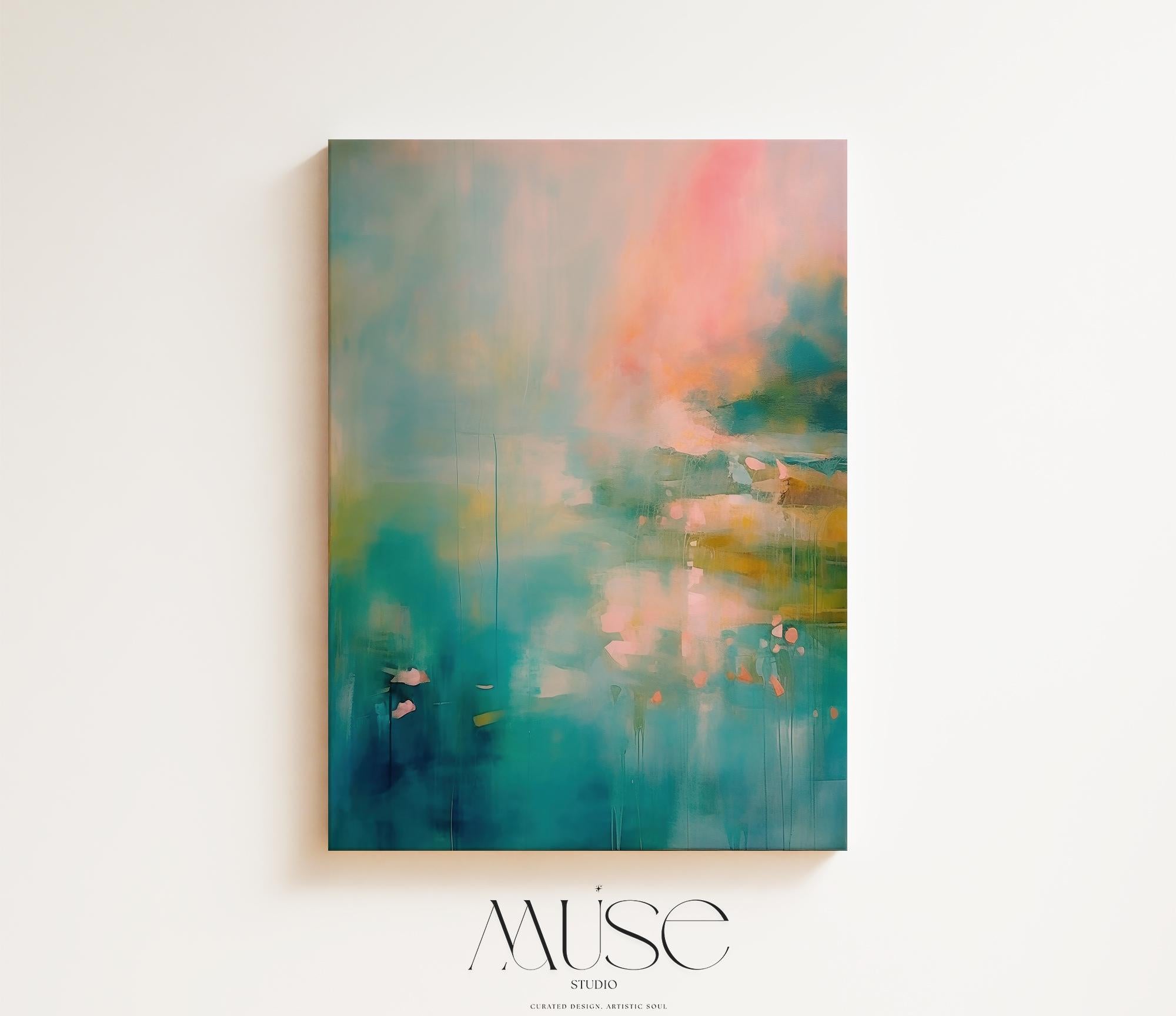 Vertical abstract artwork in teal, blush peach, and soft golden tones with flowing texture and atmospheric mood. Ideal for bedrooms, spa-inspired bathrooms, or serene modern offices. Available as a fine art poster or canvas wall art for curated, color-forward decor.