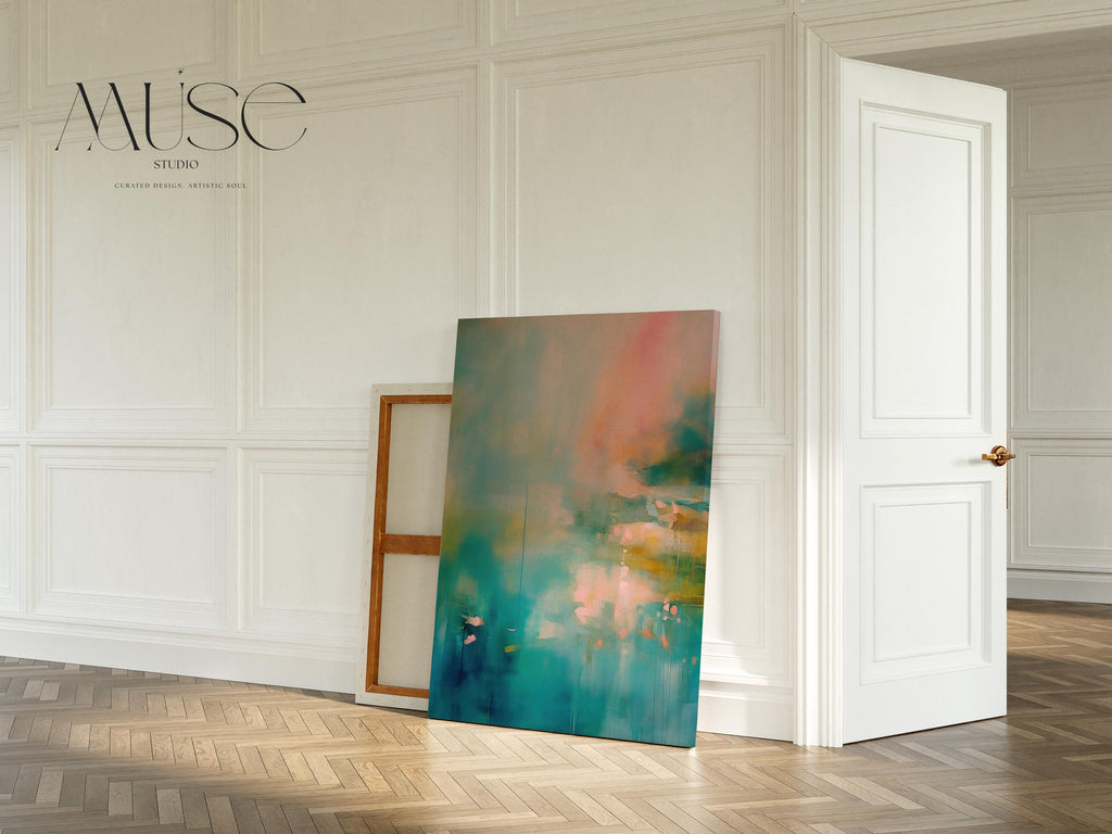 Vertical abstract artwork in teal, blush peach, and soft golden tones with flowing texture and atmospheric mood. Ideal for bedrooms, spa-inspired bathrooms, or serene modern offices. Available as a fine art poster or canvas wall art for curated, color-forward decor.