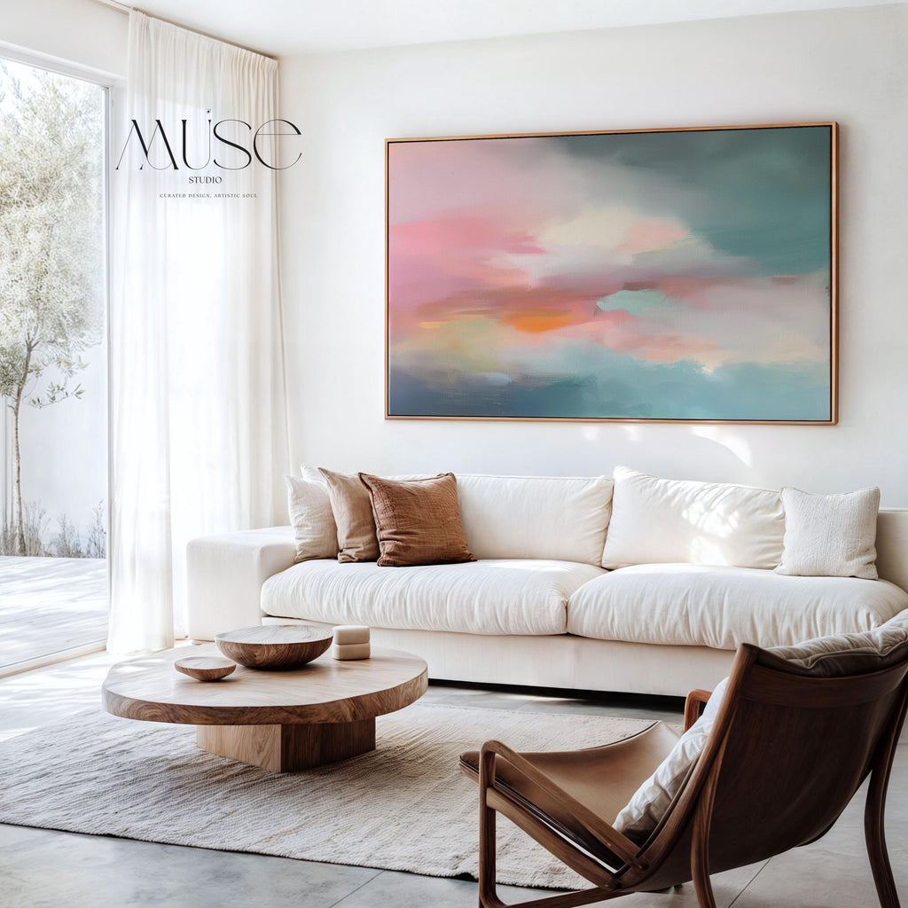 Above Bed Soft Sky Wall Art Pink Teal Abstract Painting Framed Canvas Horizontal Pastel Landscape for Bedroom Living Room Serene Decor 470 Framed Canvas Art Colorful abstract wall art on framed canvas, perfect for bold decor art and modern wall decor. Large statement piece with expressive brushstrokes and rich textures. Ready-to-hang giclée canvas designed to energize living rooms, offices, bedrooms and curated interiors. Muse Studio Decor Art.
