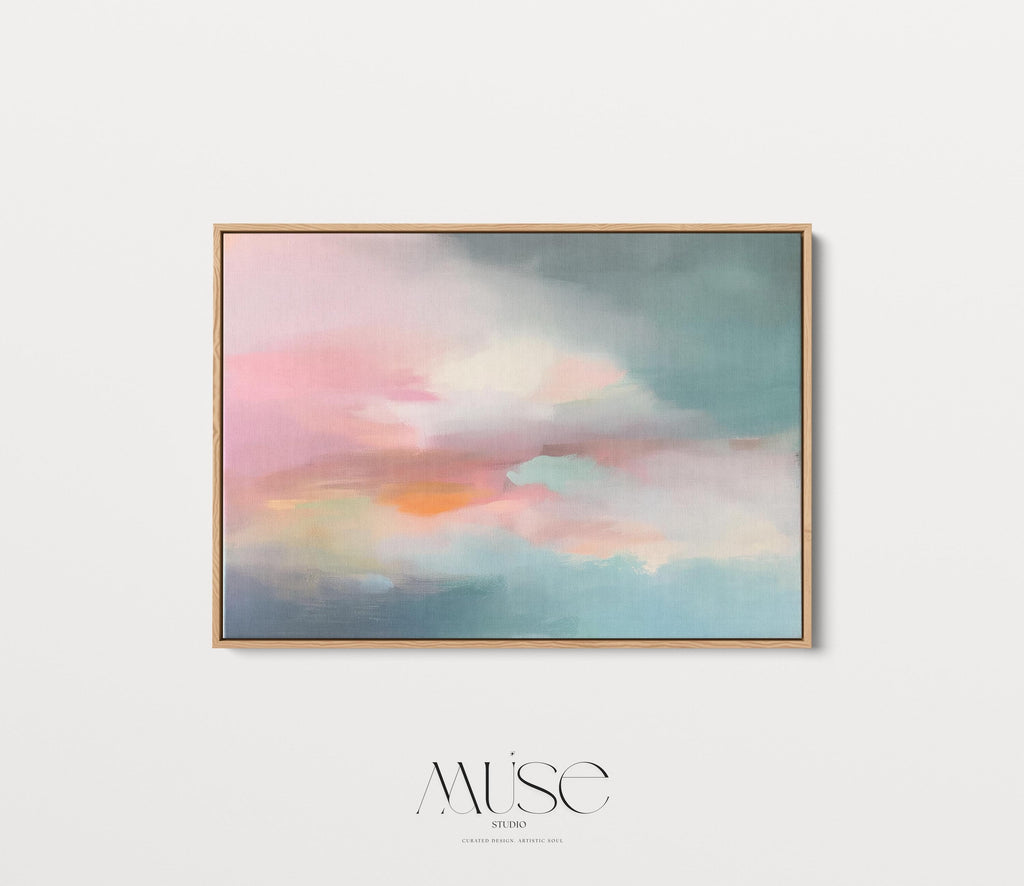 Above Bed Soft Sky Wall Art Pink Teal Abstract Painting Framed Canvas Horizontal Pastel Landscape for Bedroom Living Room Serene Decor 470 Framed Canvas Art Colorful abstract wall art on framed canvas, perfect for bold decor art and modern wall decor. Large statement piece with expressive brushstrokes and rich textures. Ready-to-hang giclée canvas designed to energize living rooms, offices, bedrooms and curated interiors. Muse Studio Decor Art.