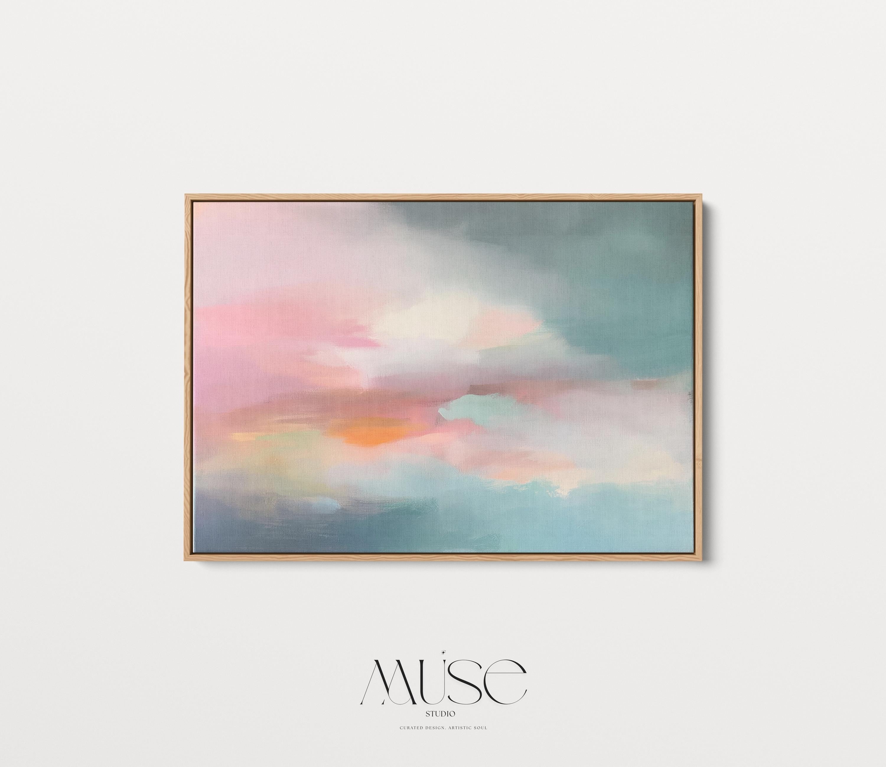 Above Bed Soft Sky Wall Art Pink Teal Abstract Painting Framed Canvas Horizontal Pastel Landscape for Bedroom Living Room Serene Decor 470 Framed Canvas Art Colorful abstract wall art on framed canvas, perfect for bold decor art and modern wall decor. Large statement piece with expressive brushstrokes and rich textures. Ready-to-hang giclée canvas designed to energize living rooms, offices, bedrooms and curated interiors. Muse Studio Decor Art.