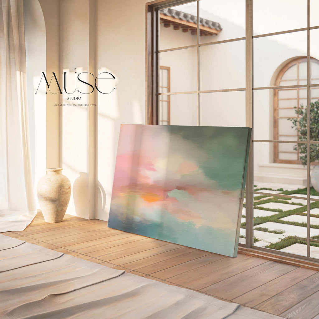 Soft Pink Teal Horizon Canvas Wall Art Abstract Cloud Landscape Horizontal Large Pastel Painting for Bedroom Living Room Modern Decor 470