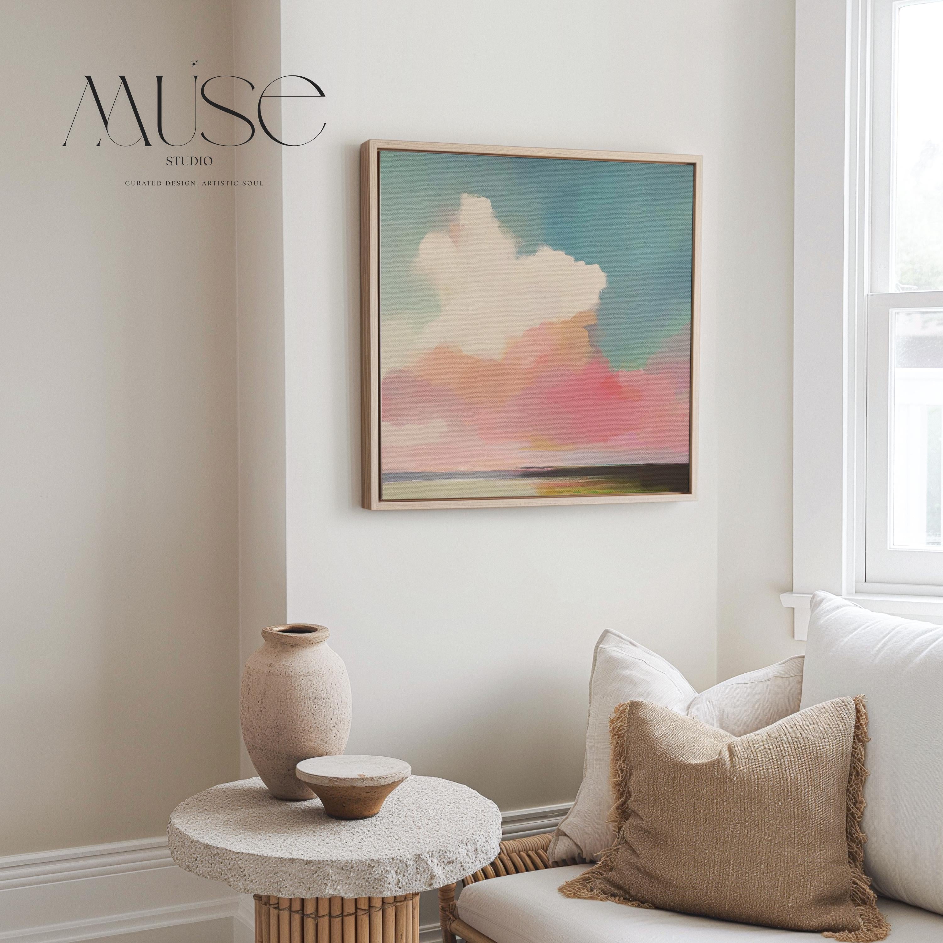Soft Sky Wall Art Pink Blue Landscape Pastel Framed Canvas Coastal Horizon Art Serene Abstract Decor for Bedroom or Living Room 467 Framed Canvas Art Colorful abstract wall art on framed canvas, perfect for bold decor art and modern wall decor. Large statement piece with expressive brushstrokes and rich textures. Ready-to-hang giclée canvas designed to energize living rooms, offices, bedrooms and curated interiors. Muse Studio Decor Art.