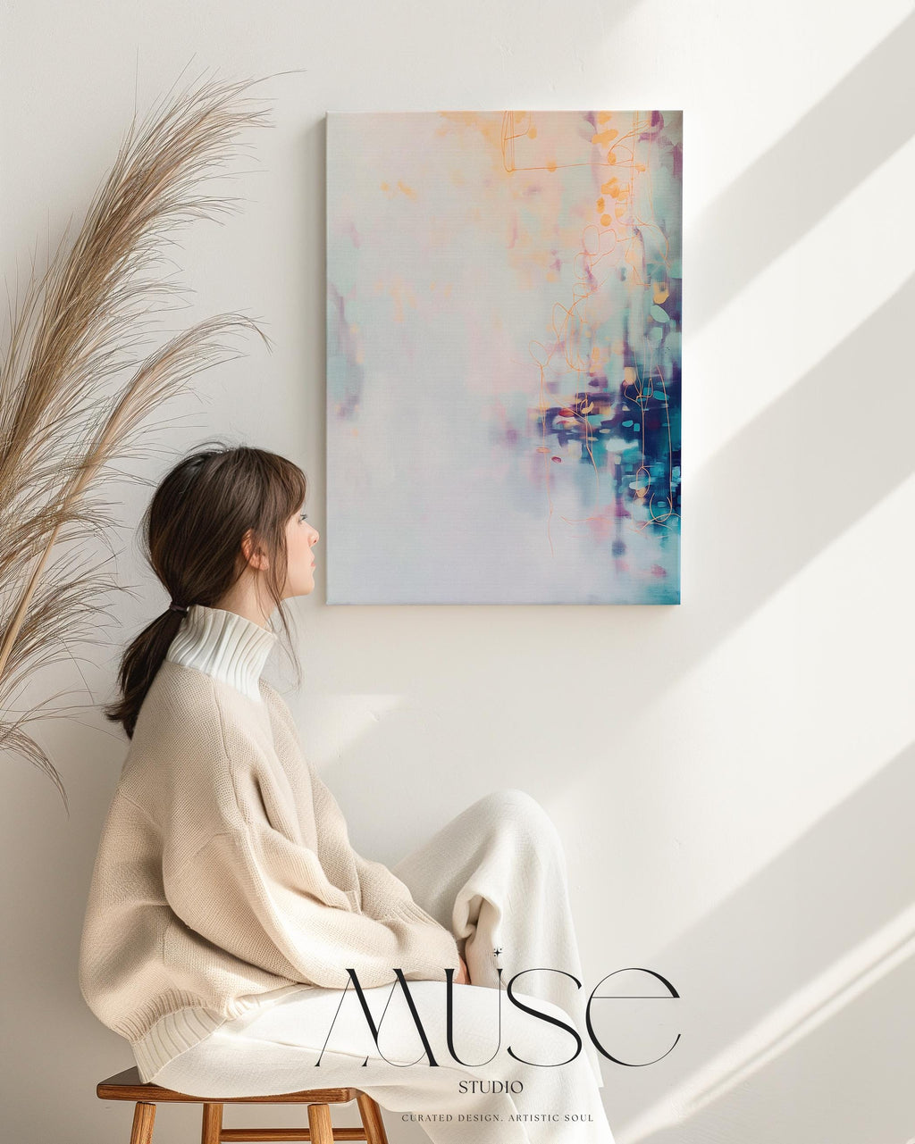 Soft Sky Wall Art Pink Blue Abstract Framed Canvas Vertical Pastel Landscape Serene Decor Art for Bedroom or Office Coastal Horizon 471