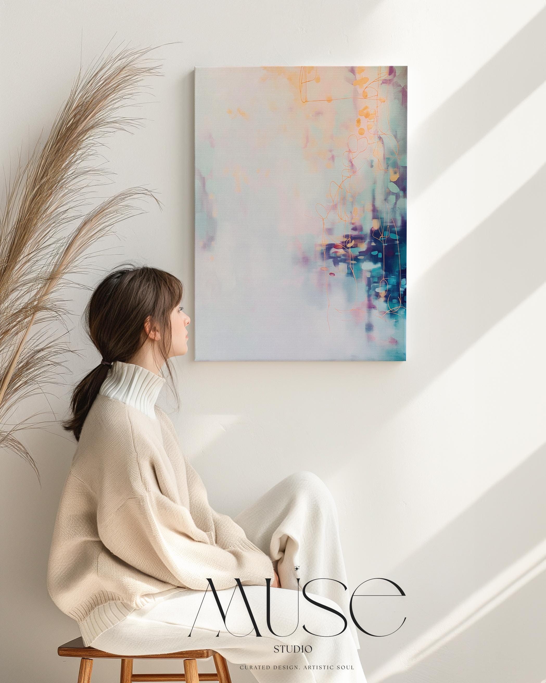 Soft Sky Wall Art Pink Blue Abstract Framed Canvas Vertical Pastel Landscape Serene Decor Art for Bedroom or Office Coastal Horizon 471
