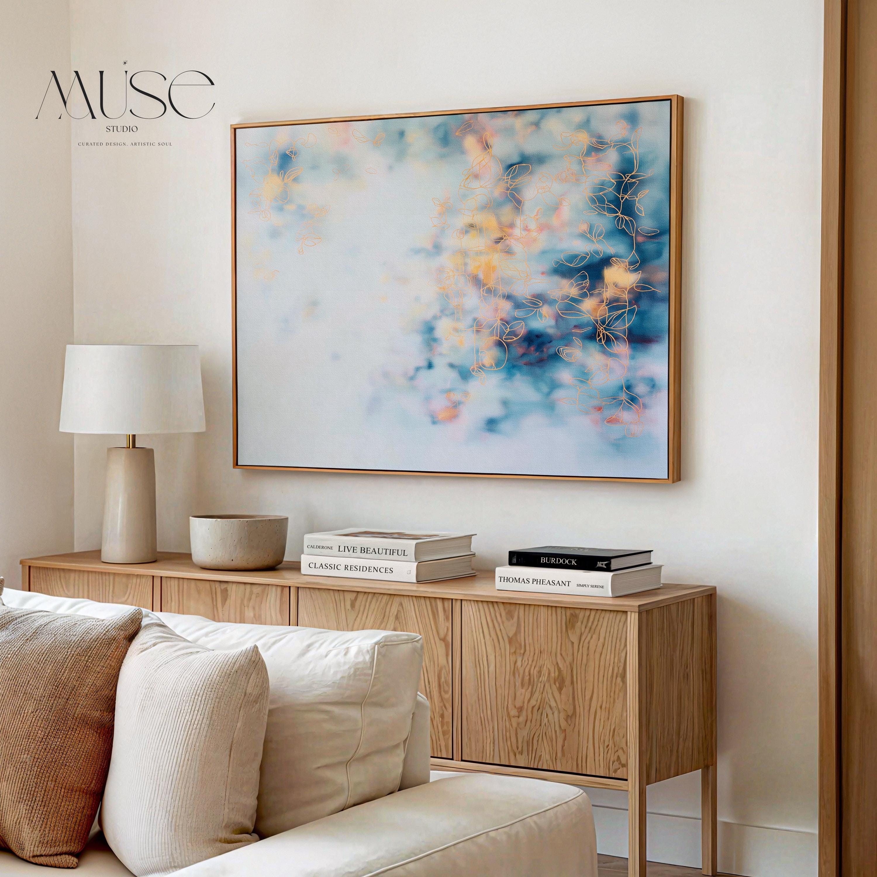 Above Bed Soft Blue Abstract Canvas Wall Art Modern Botanical Painting Blush Orange Cloud Style Large Framed Horizontal Decor Art 473