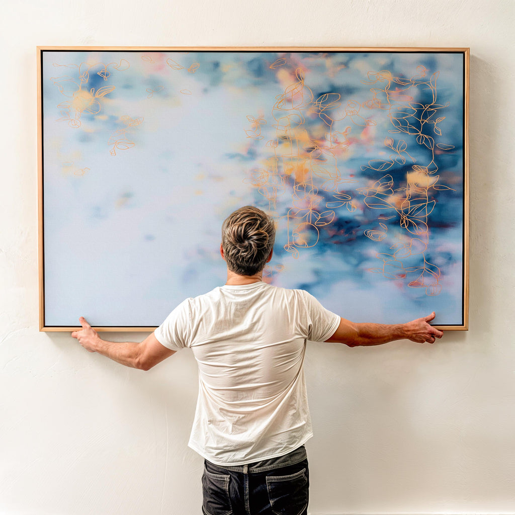 Above Bed Soft Blue Abstract Canvas Wall Art Modern Botanical Painting Blush Orange Cloud Style Large Framed Horizontal Decor Art 473