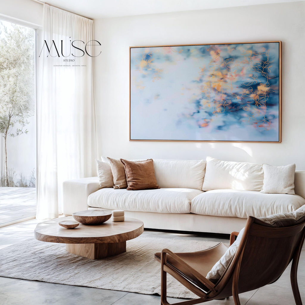 Above Bed Soft Blue Abstract Canvas Wall Art Modern Botanical Painting Blush Orange Cloud Style Large Framed Horizontal Decor Art 473
