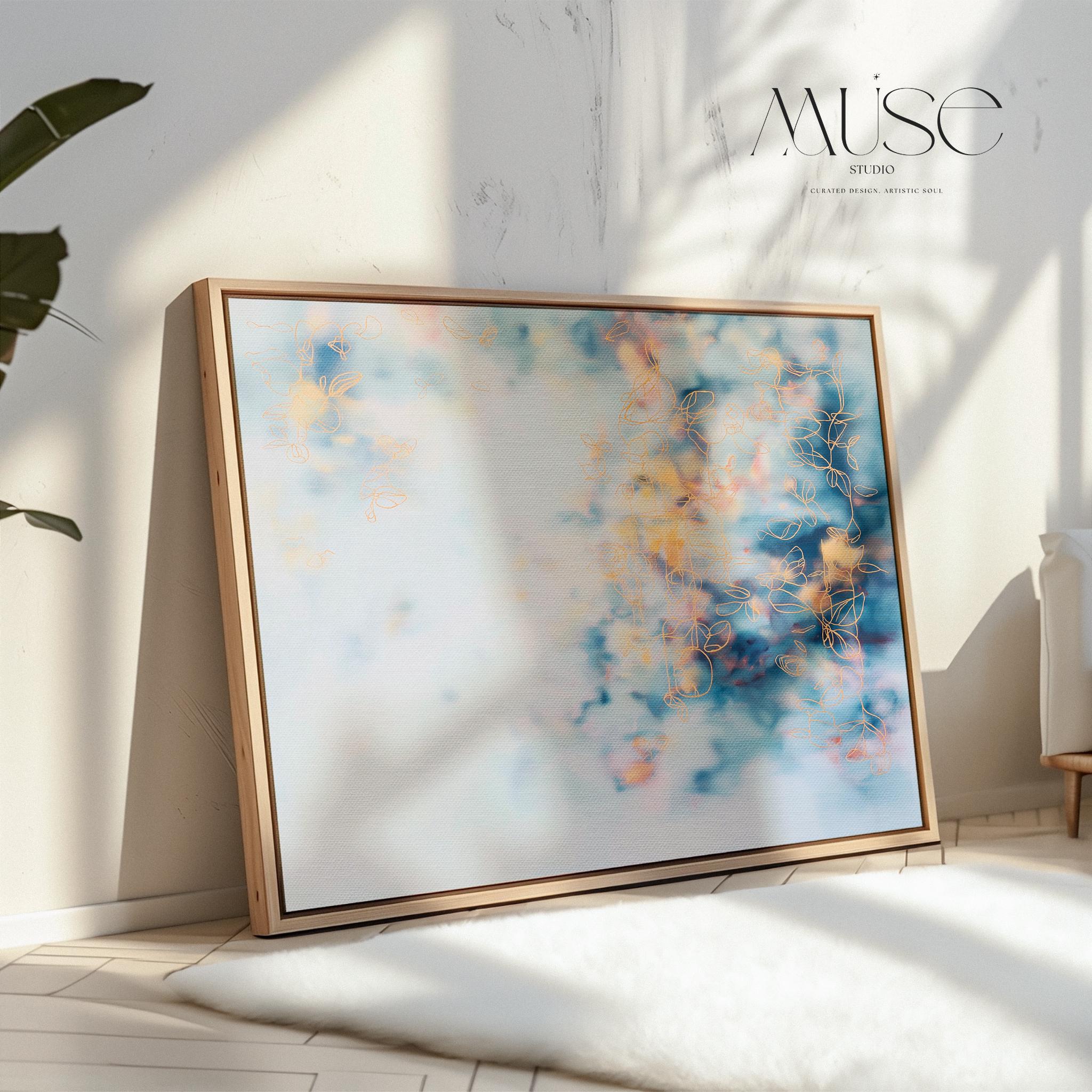 Above Bed Soft Blue Abstract Canvas Wall Art Modern Botanical Painting Blush Orange Cloud Style Large Framed Horizontal Decor Art 473