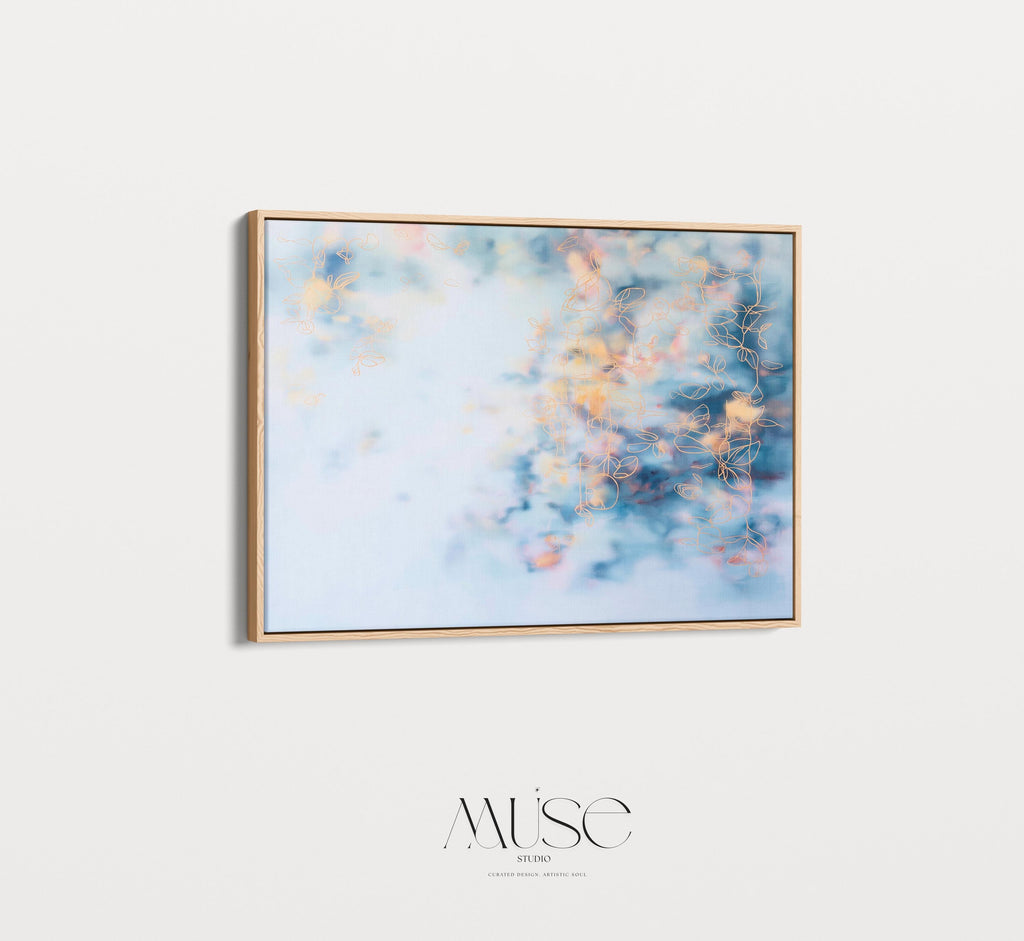 Above Bed Soft Blue Abstract Canvas Wall Art Modern Botanical Painting Blush Orange Cloud Style Large Framed Horizontal Decor Art 473