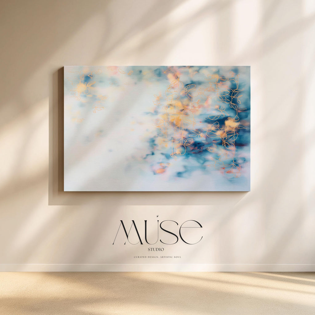 Soft Blue Abstract Wall Art Botanical Canvas Painting Large Horizontal Decor Art Blush and Orange Framed Cloud Style for Living Room 473