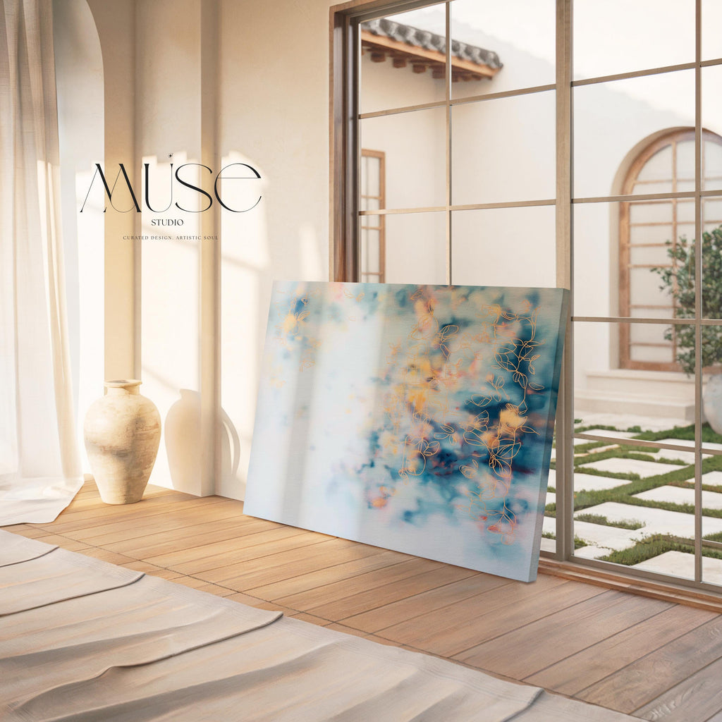 Soft Blue Abstract Wall Art Botanical Canvas Painting Large Horizontal Decor Art Blush and Orange Framed Cloud Style for Living Room 473