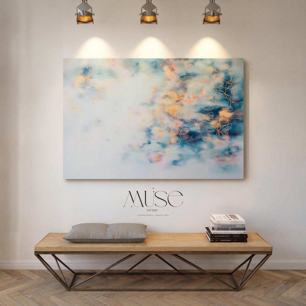 Soft Blue Abstract Wall Art Botanical Canvas Painting Large Horizontal Decor Art Blush and Orange Framed Cloud Style for Living Room 473