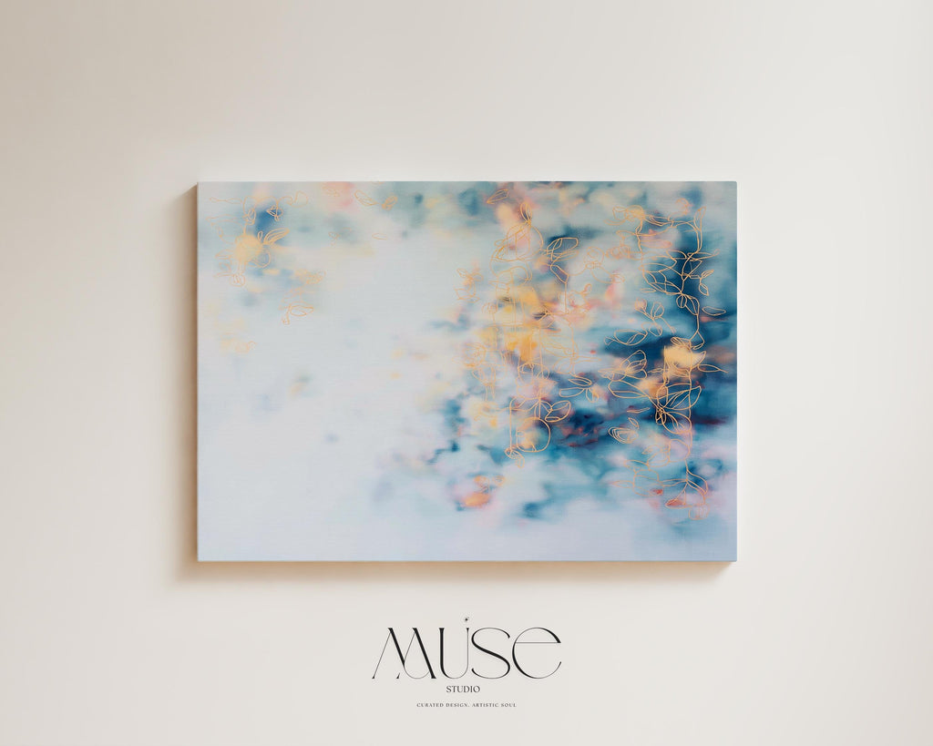 Soft Blue Abstract Wall Art Botanical Canvas Painting Large Horizontal Decor Art Blush and Orange Framed Cloud Style for Living Room 473