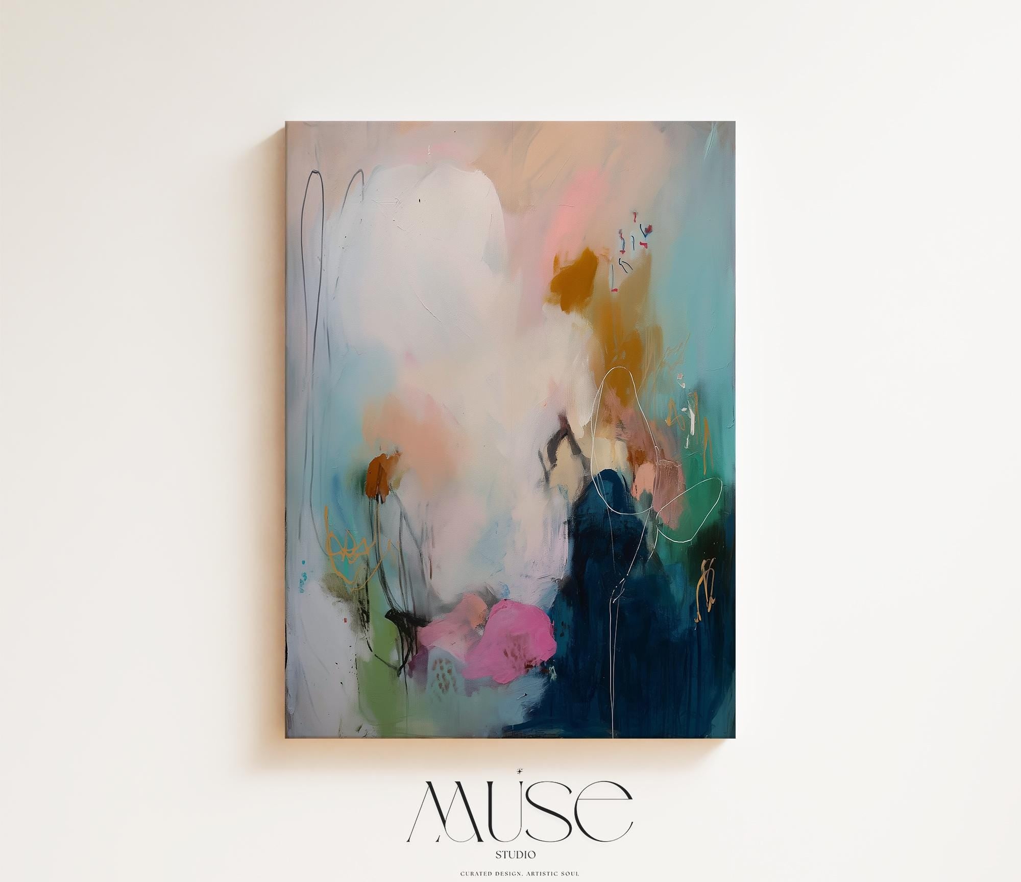 Vertical abstract wall art in moody tones of deep blue, blush pink, and ochre gold, painted in a softly layered style with expressive flow. Perfect for transitional or soft contemporary decor, adding depth to bedrooms, entryways, or calm living spaces. Available as a fine art poster or canvas wall art for curated, color-forward decor.