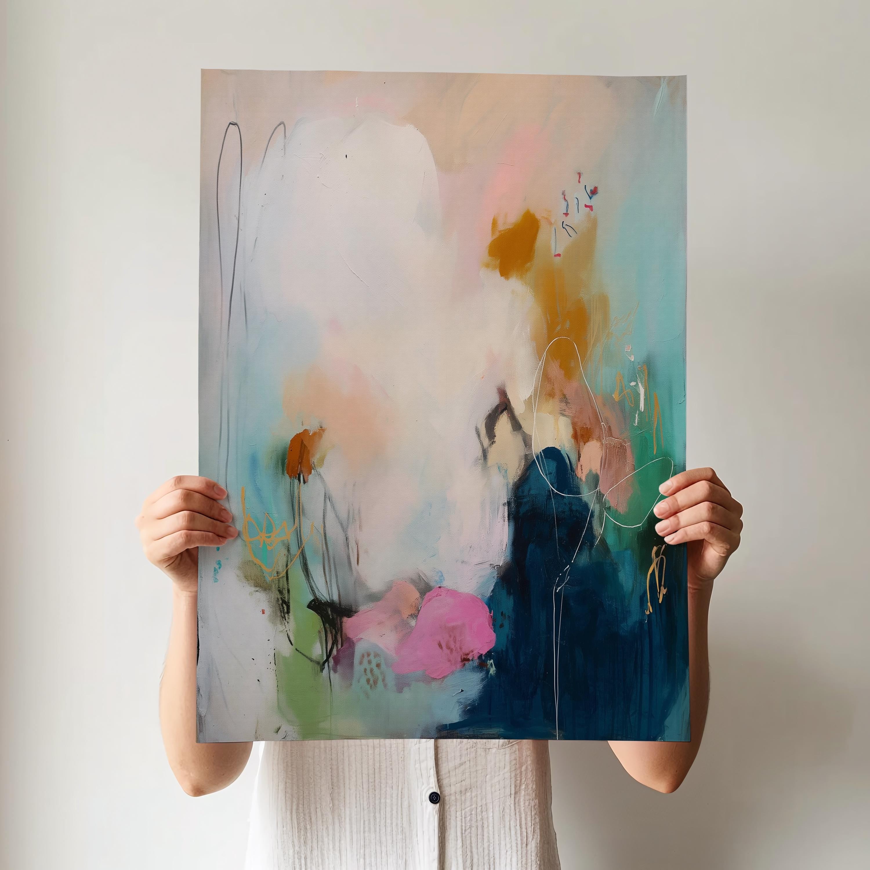 Fine art giclée print of an abstract painting in deep navy, soft pink, and golden ochre, featuring flowing textures and moody transitions. Printed on archival-quality paper or rolled canvas for framing. Ideal for transitional bedrooms, softly styled entryways, or curated wall decor. Available as a fine art poster or canvas wall art for curated, color-forward decor.